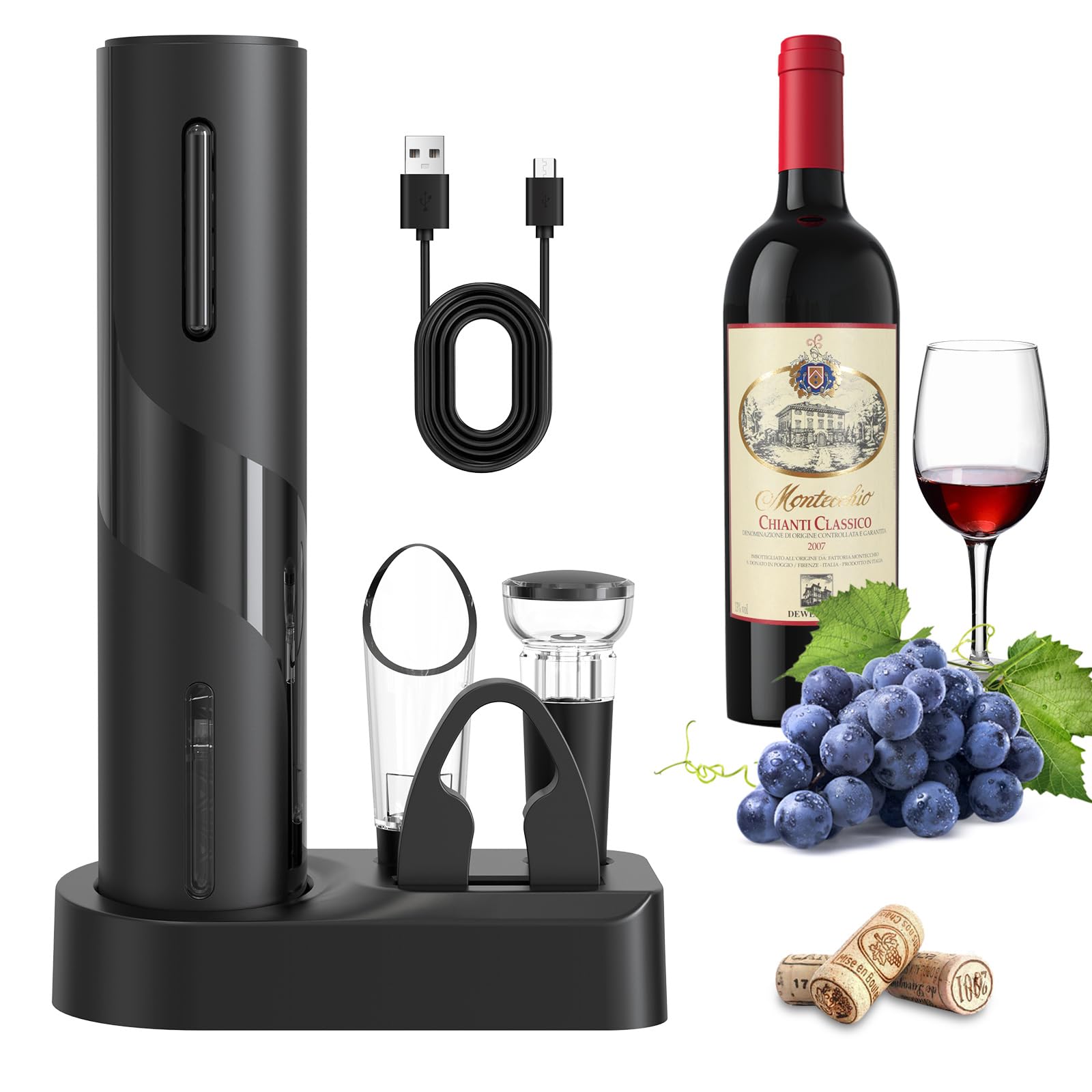 electric rechargeable wine bottle opener with foil cutter, corkscrew wine opener and vacuum wine stopper, gift set (Black)