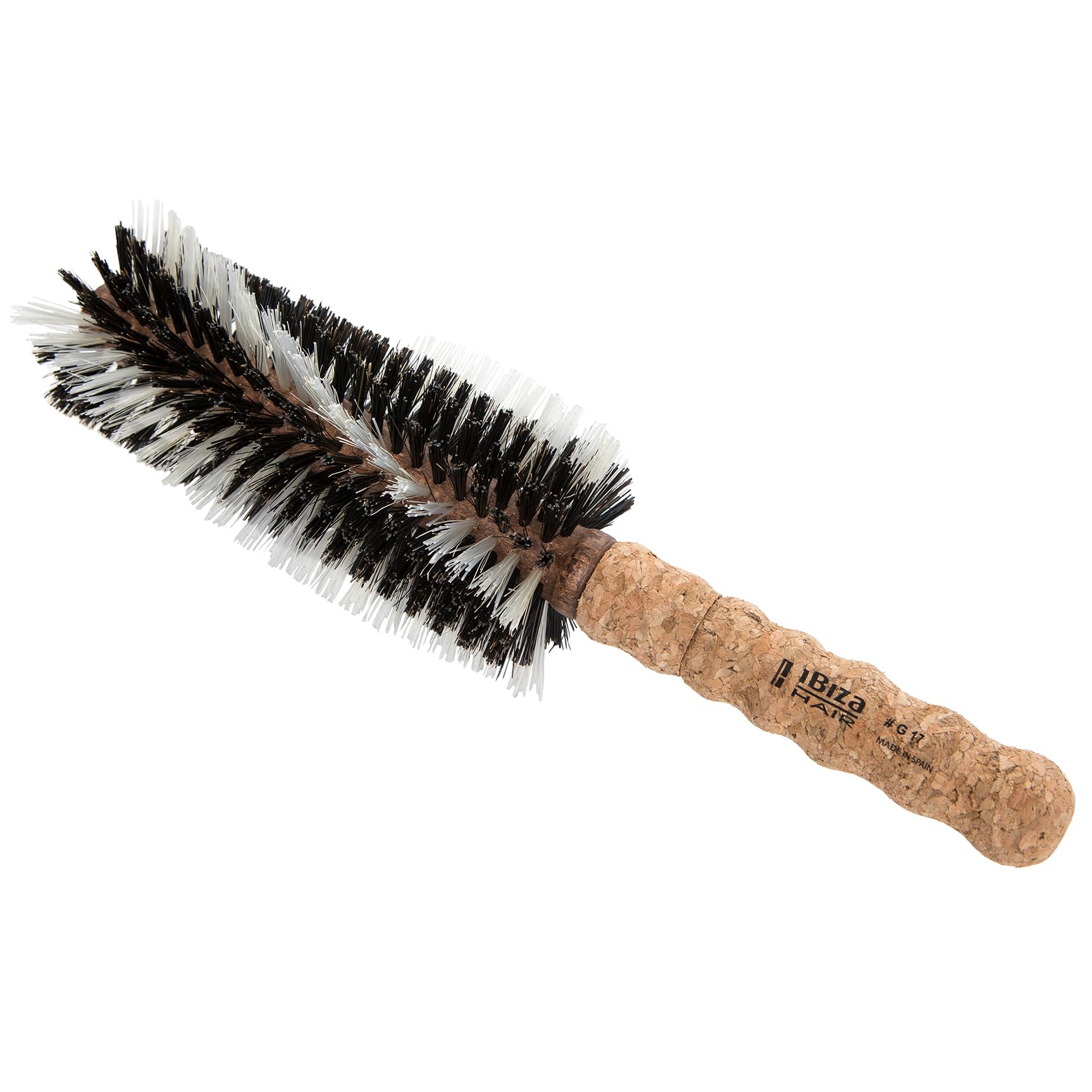 Ibiza Hair Round Bristle Brush (G17-70mm) | Hybrid Boar + Carbon Fiber Nylon Bristles with Cork Handle | Ideal for Coarse + Frizzy Strands | Adds