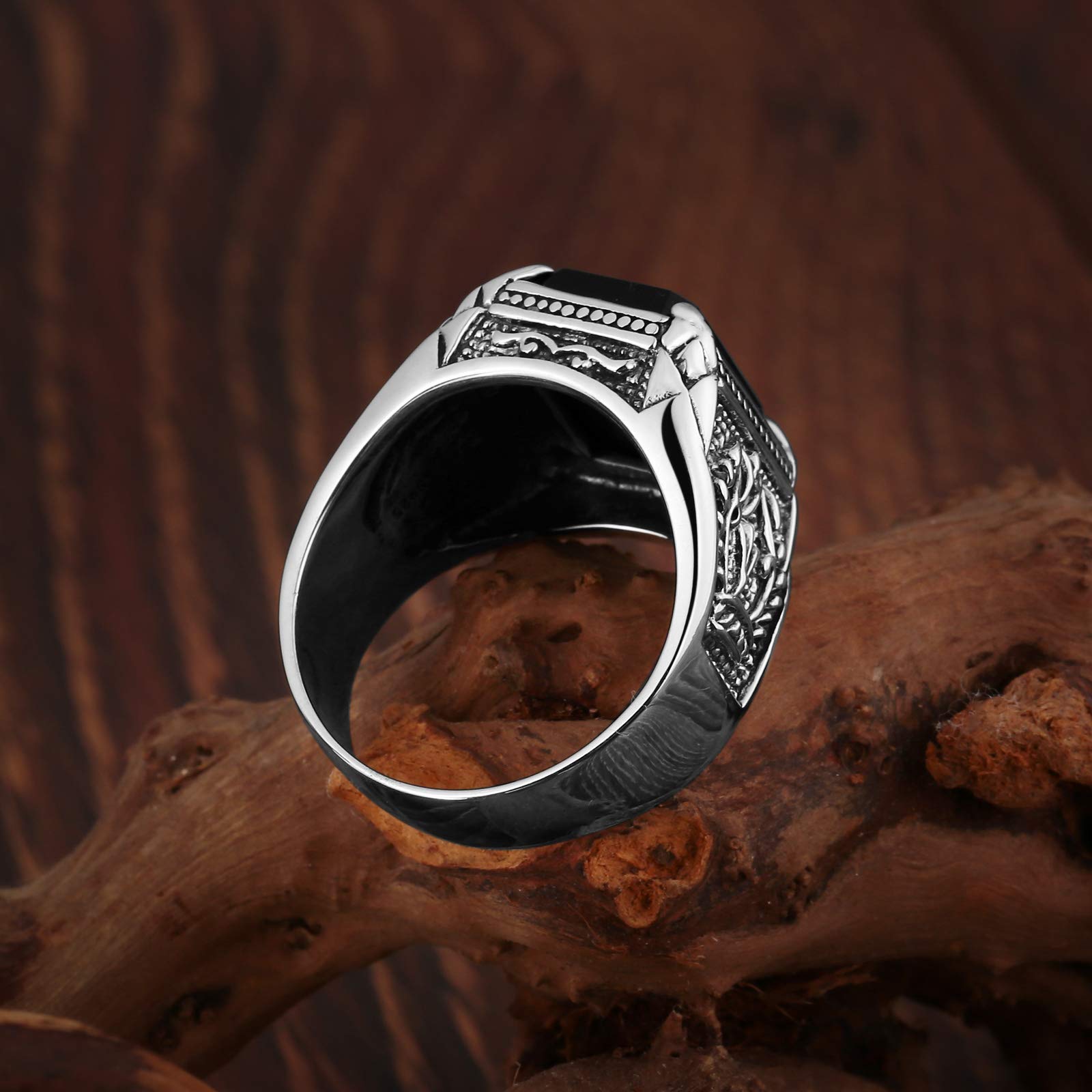 KnSam Anello Agata Nero Argento 925 Anello Intagliato Fantasia Uomo, Argento sterling
