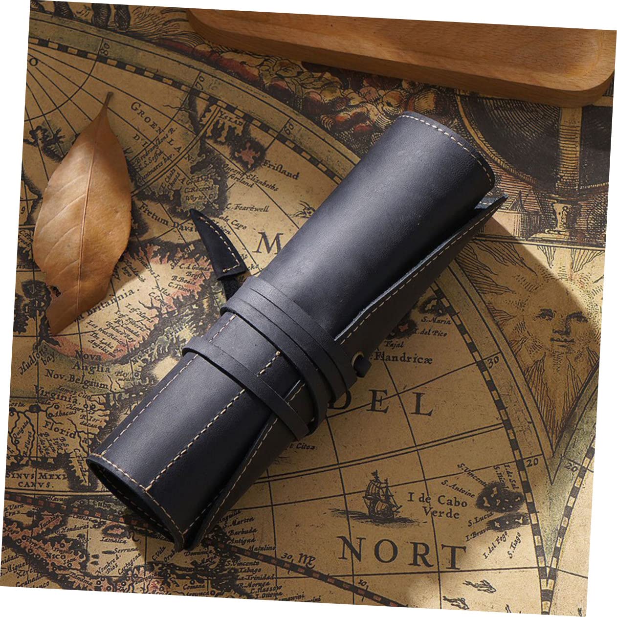 Lurrose Estuche Enrollable de Cuero para Bolígrafos y Plumas Estilográficas, Negro, Hecho a Mano, Compartimentos, Adecuado para Oficina y Negocios