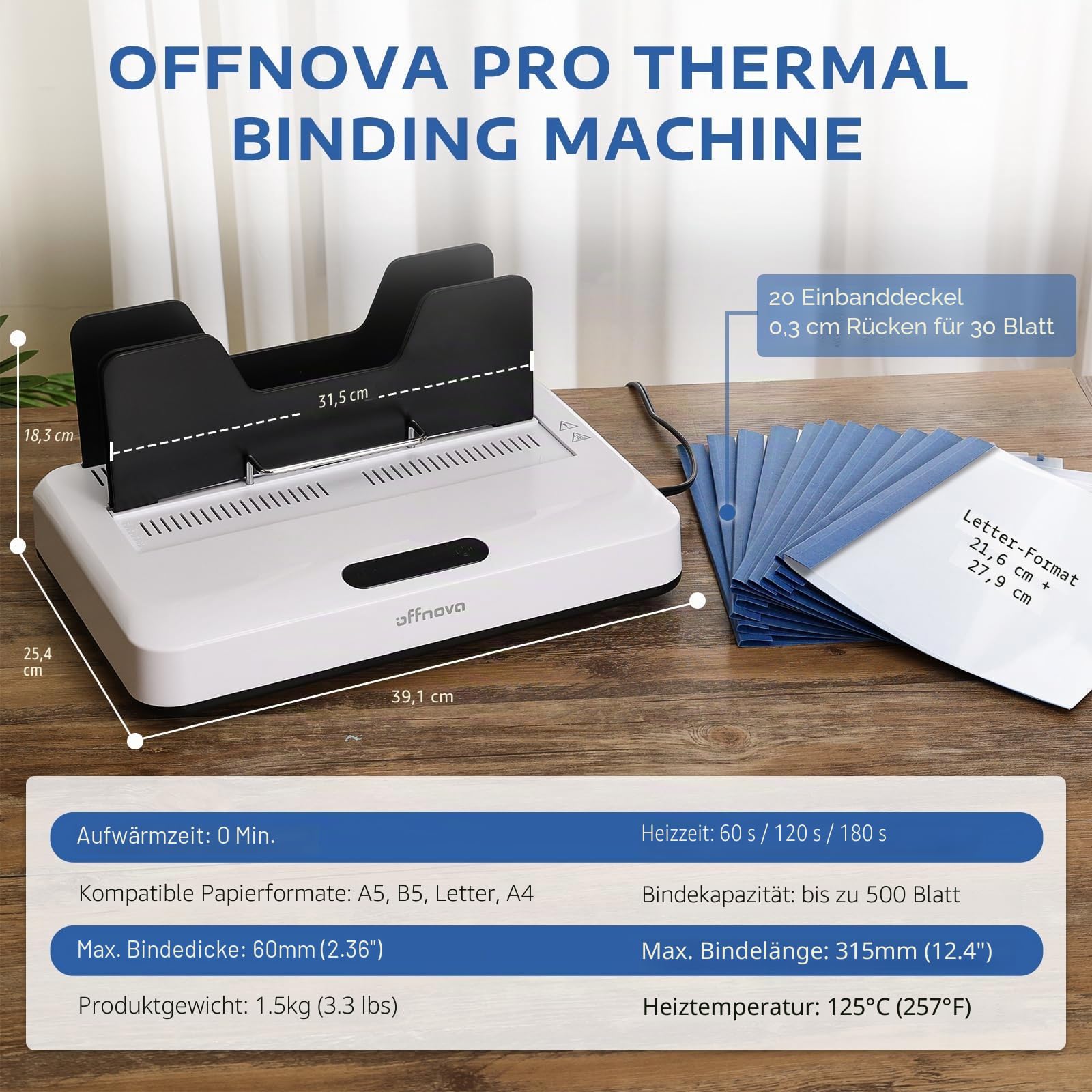 OFFNOVA Thermobindemaschine 500 Blatt, kein Vorheizen, Luftkühlung, 3 Zeiteinstellungen, A3/A4/A5/Letter kompatibel, inkl.10 Bindedeckeln für Büro & Homeschooling