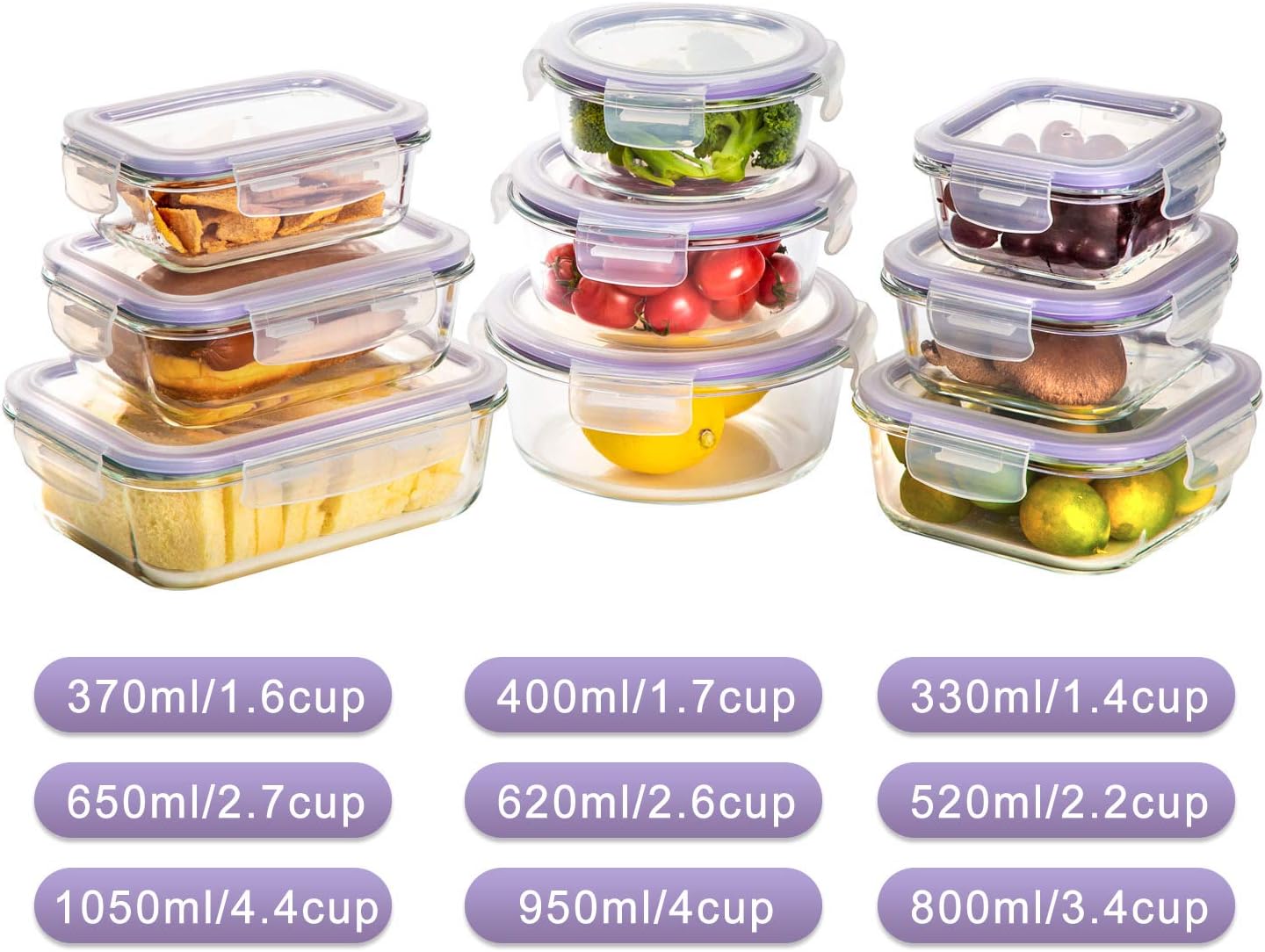 Bayco Glass Storage Containers with Lids, 9 Sets Glass Meal Prep Containers Airtight, Glass Food Storage Containers, Glass Containers for Food Storage with Lids - BPA-Free & Leak Proof: Home & Kitchen