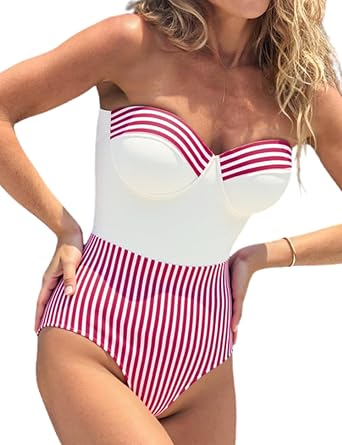 FLAXMAKER Womens Retro One Piece Bandeau Striped Bathing Suit with Adjustable Strap Swimsuit and Skirt