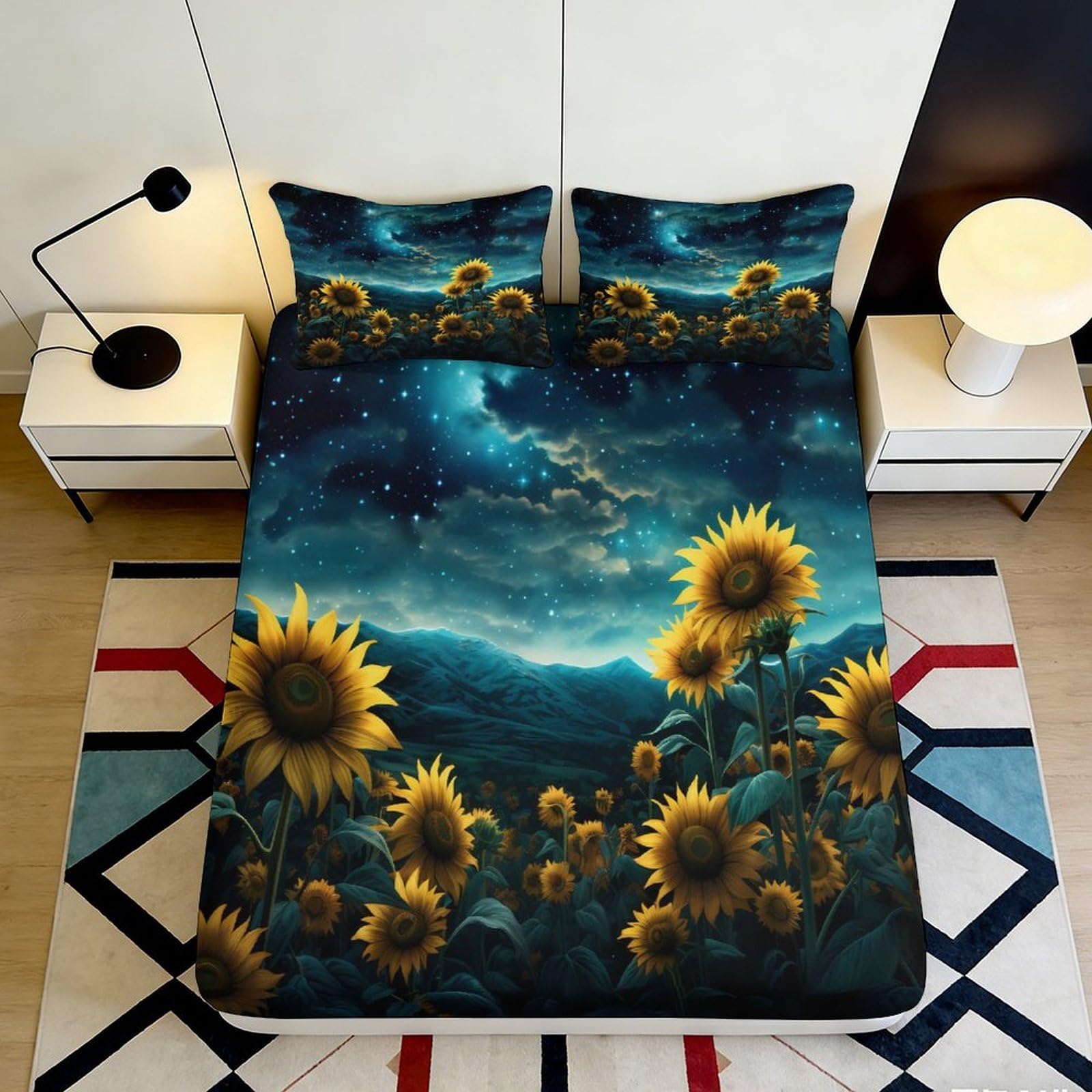 3D Printed Starry Sky Fitted Sheet Microfiber Soft Breathable Sunflower Field Mattress Cover for Bedroom Dormitory Guest Room Mattress Protection Decor 140x200x25cm