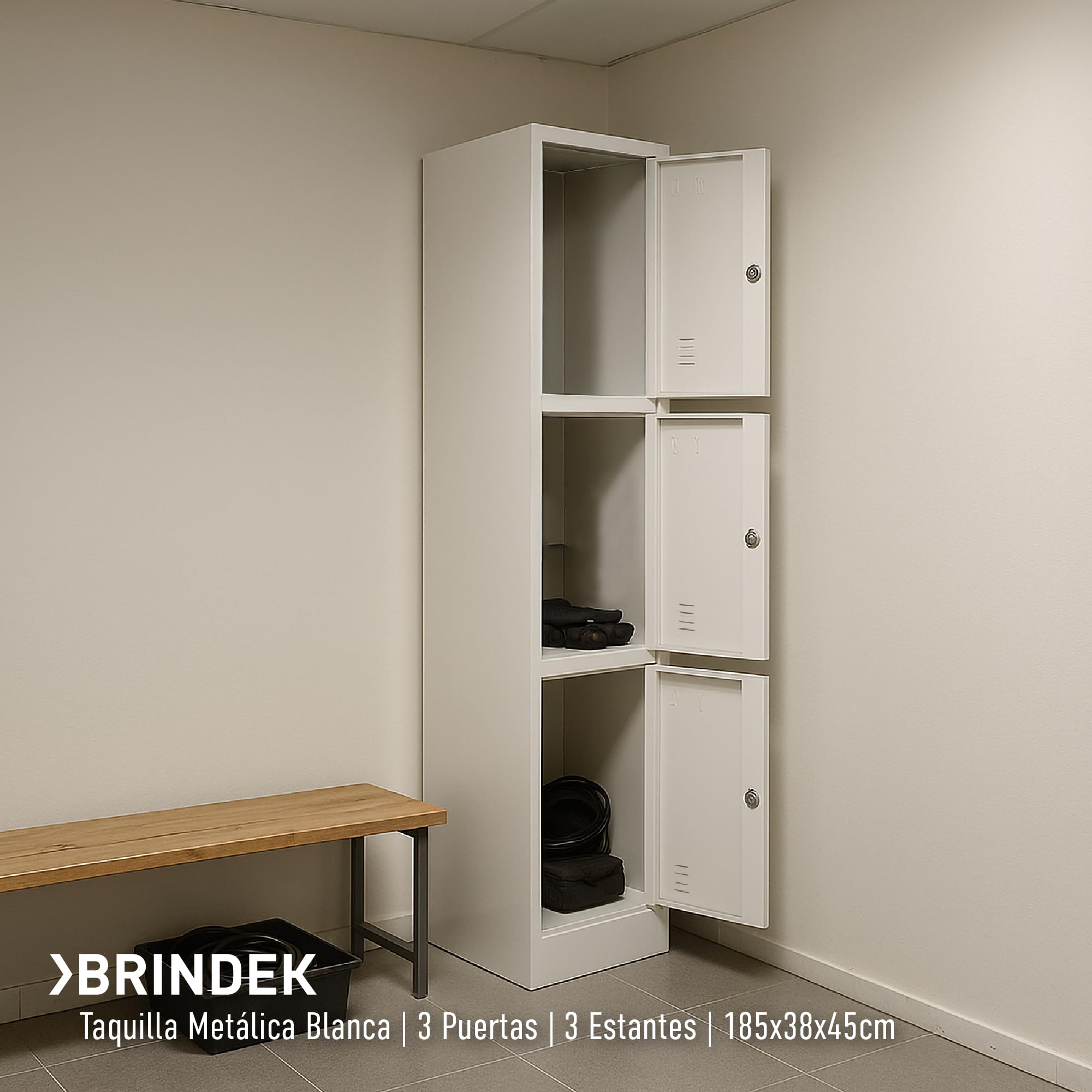 Taquilla Vestuario metálica 3 Puertas Blanca RAL 9016-185x38x45 cm con Cerradura - Incluye Llave | Armario metálico Estrecho para Garaje, Oficina, Gimnasio, Vestuario, Locker Individual