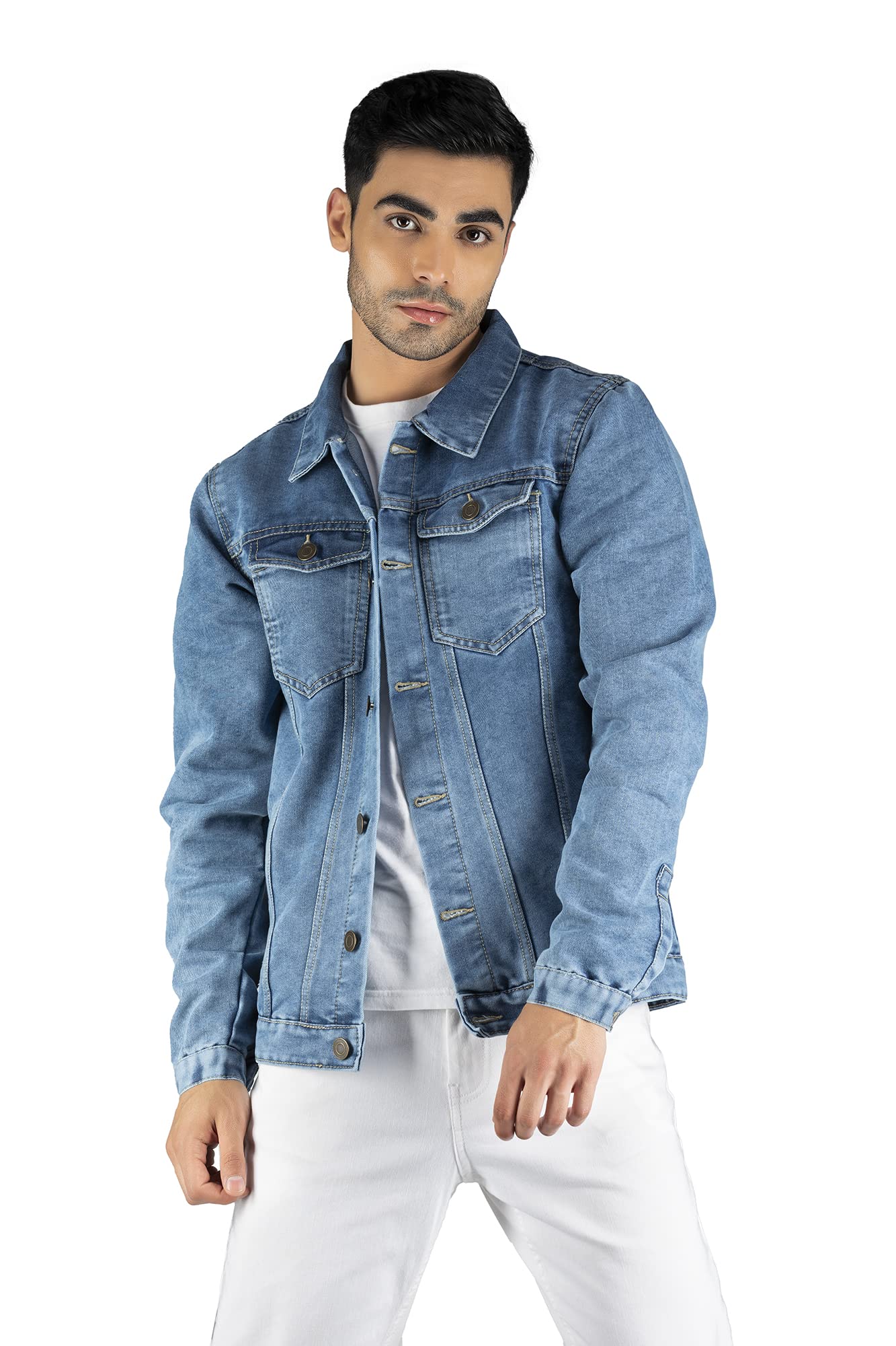 Dennis Lingo Men's Regular Fit Long Sleeve Button Down Panel Denim Jacket, Lightweight Trucker Jacket (Light Blue, S)