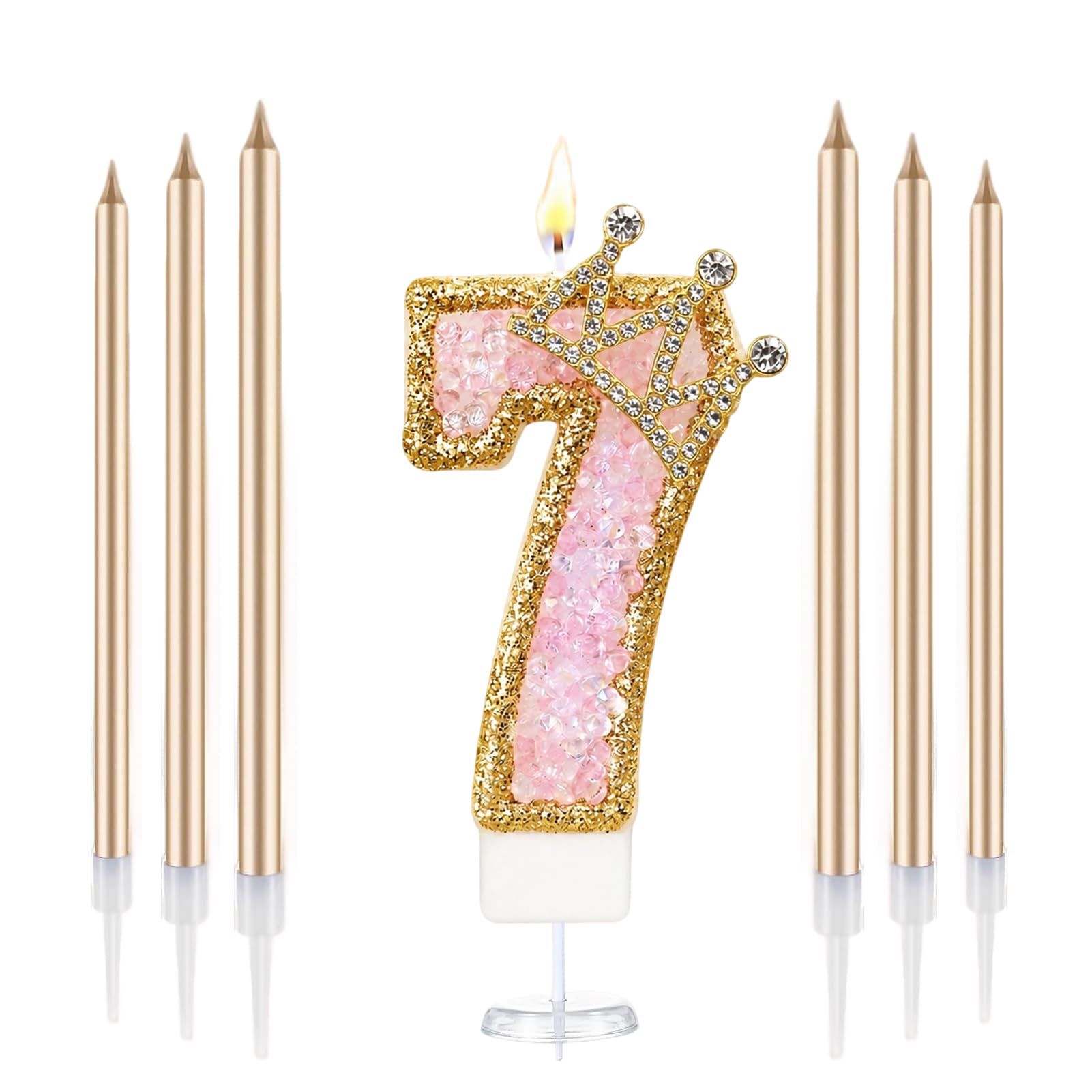 Crown Number Birthday Candles, Glitter Pink Gold Birthday Candle with 6 Pcs Long Candles, Stylish Princess Themed Cake Topper for Girls Birthday Party Supplies (7 Candle)