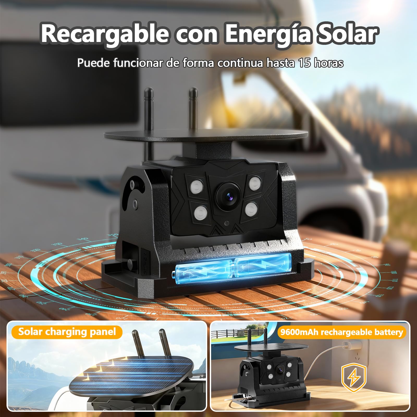 Solar Camara Trasera Coche Inalambrica Magnética, 7'' 1080P Monitor 9600mAh Cámara de Marcha Atrás, Vision Nocturna, para Furgoneta, Caravana, Remolque, Camiones(VS-7C)
