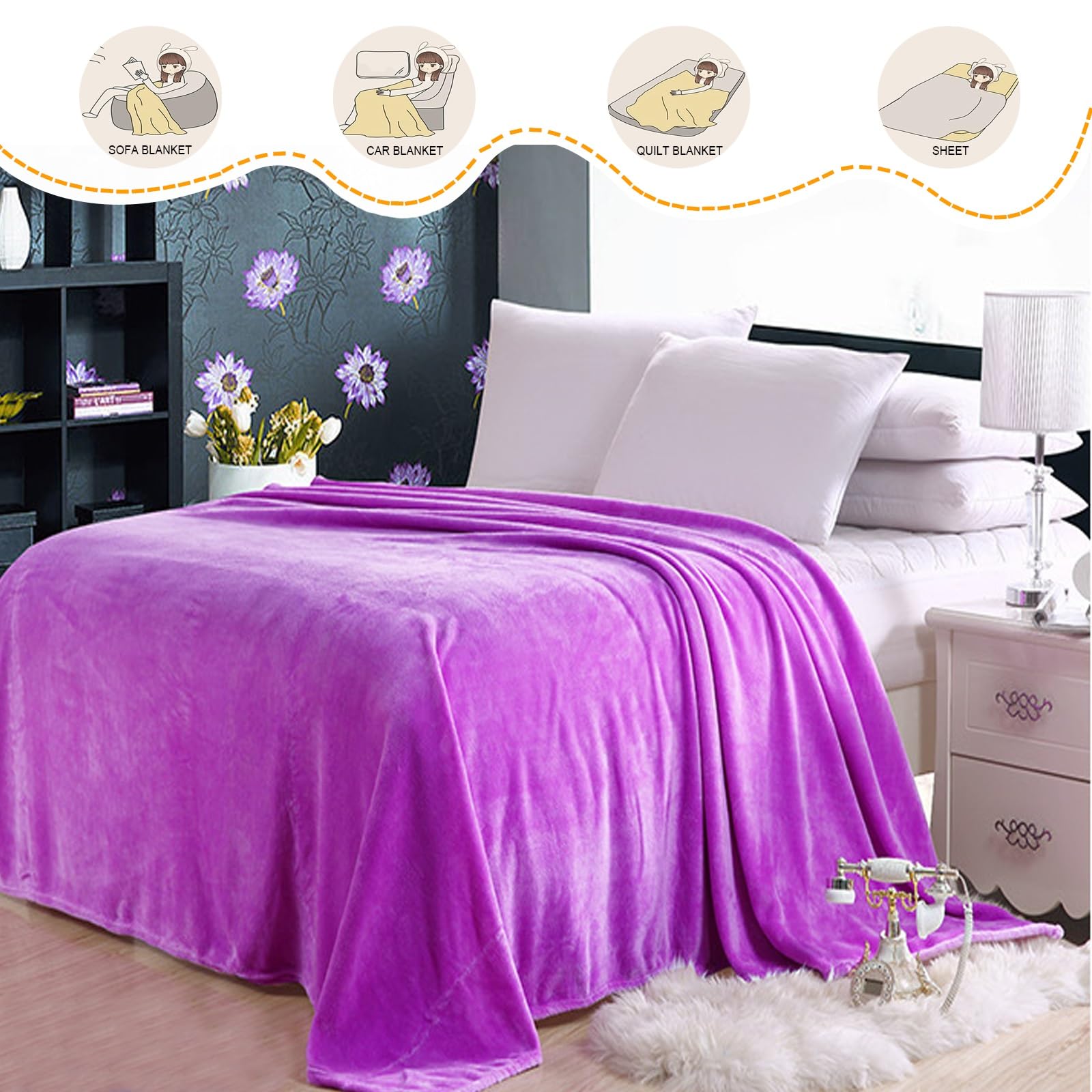 Manta Sofá Plaid Polar 130 x 280 cm Acogedora, Suave, Ligera, Cálida, Fácil de Cuidar Manta Gruesa de Sofá para Sofá, Sillón y Viaje, Morado