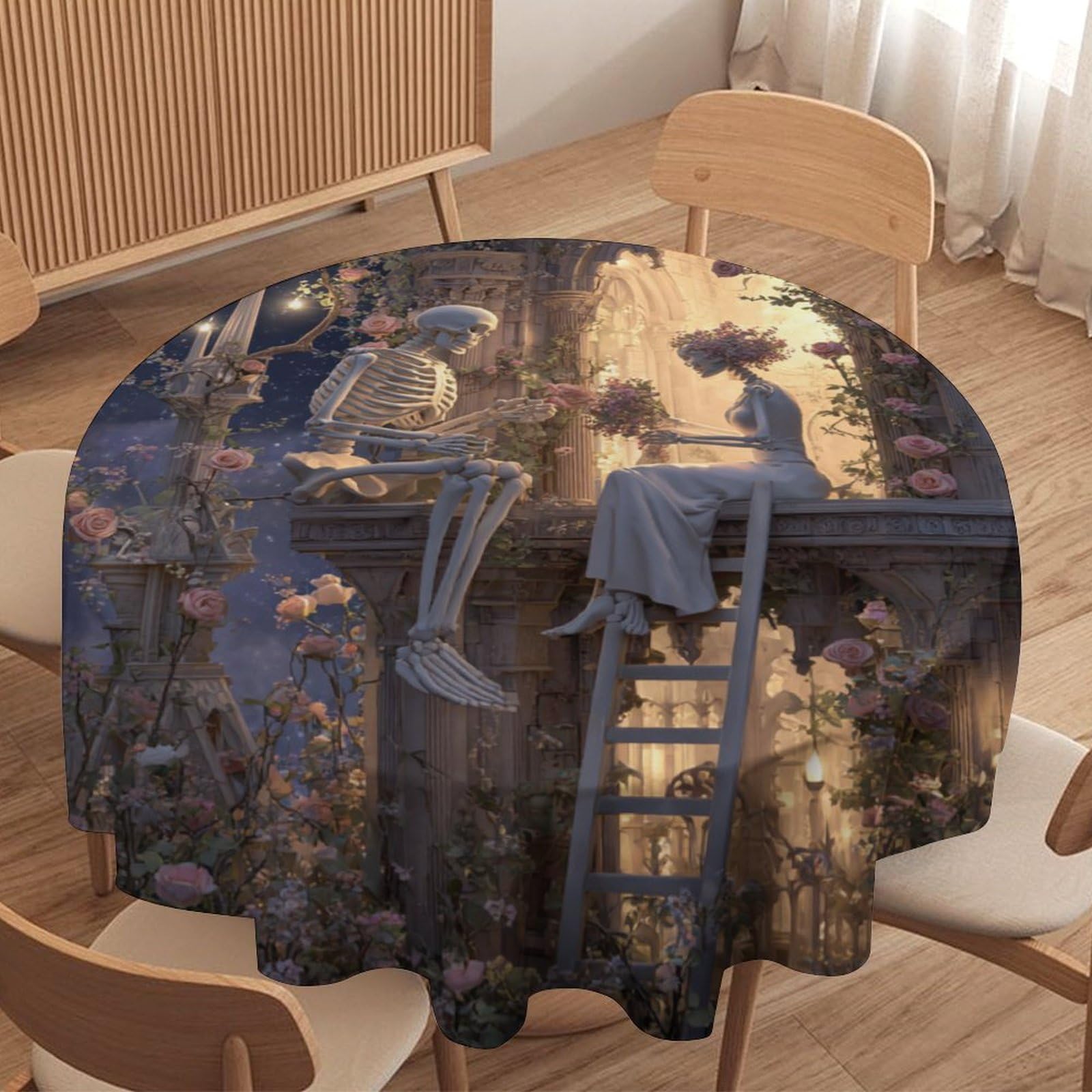 LUYYSKY Fantasy Classic Skeleton Couple Round Tablecloth Beautiful Gothic Full Moon Castle Roses Floral Skull Pattern Washable Decor for Table Cover for Kitchen-177.8" Wx177.8 L cm