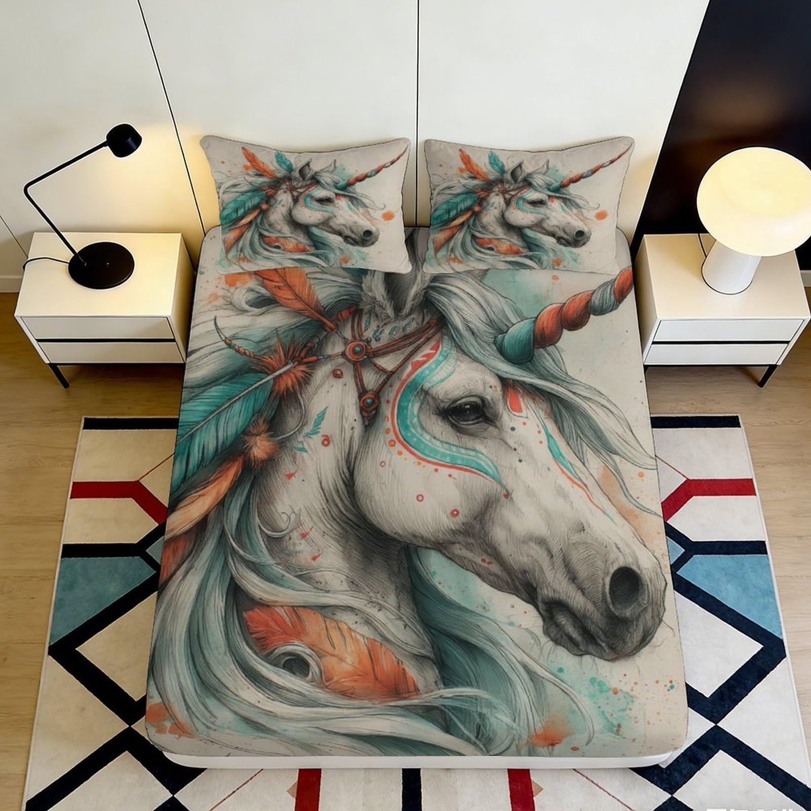 3D Printed Fantasy Unicorn Fitted Sheet Microfiber Soft Pastel Bed Cover for Bedroom Guestroom Mattress Protection 90x200x25cm