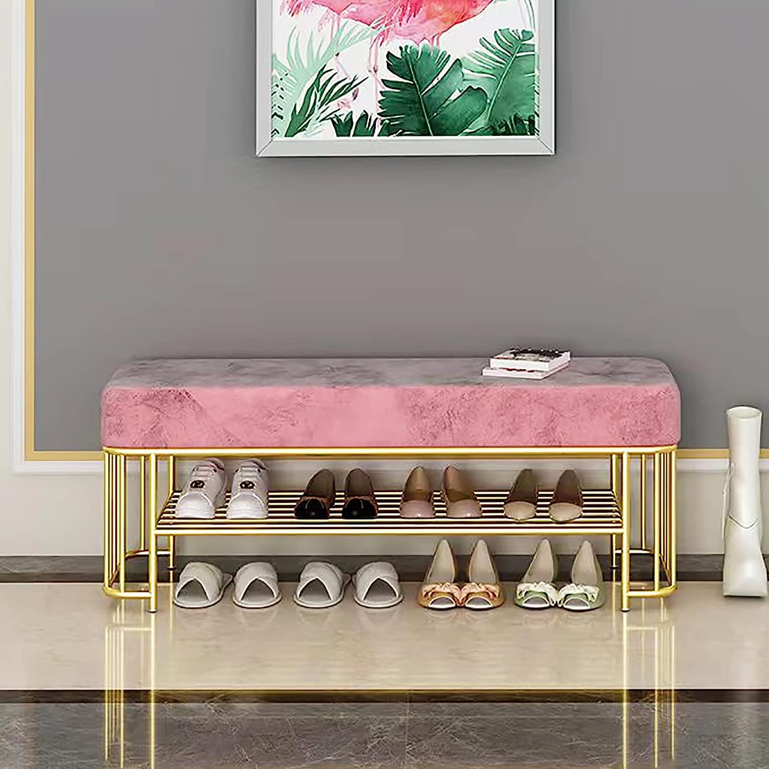 Banc d'étagère à chaussures dorée avec assise velours rose pour meuble de rangement