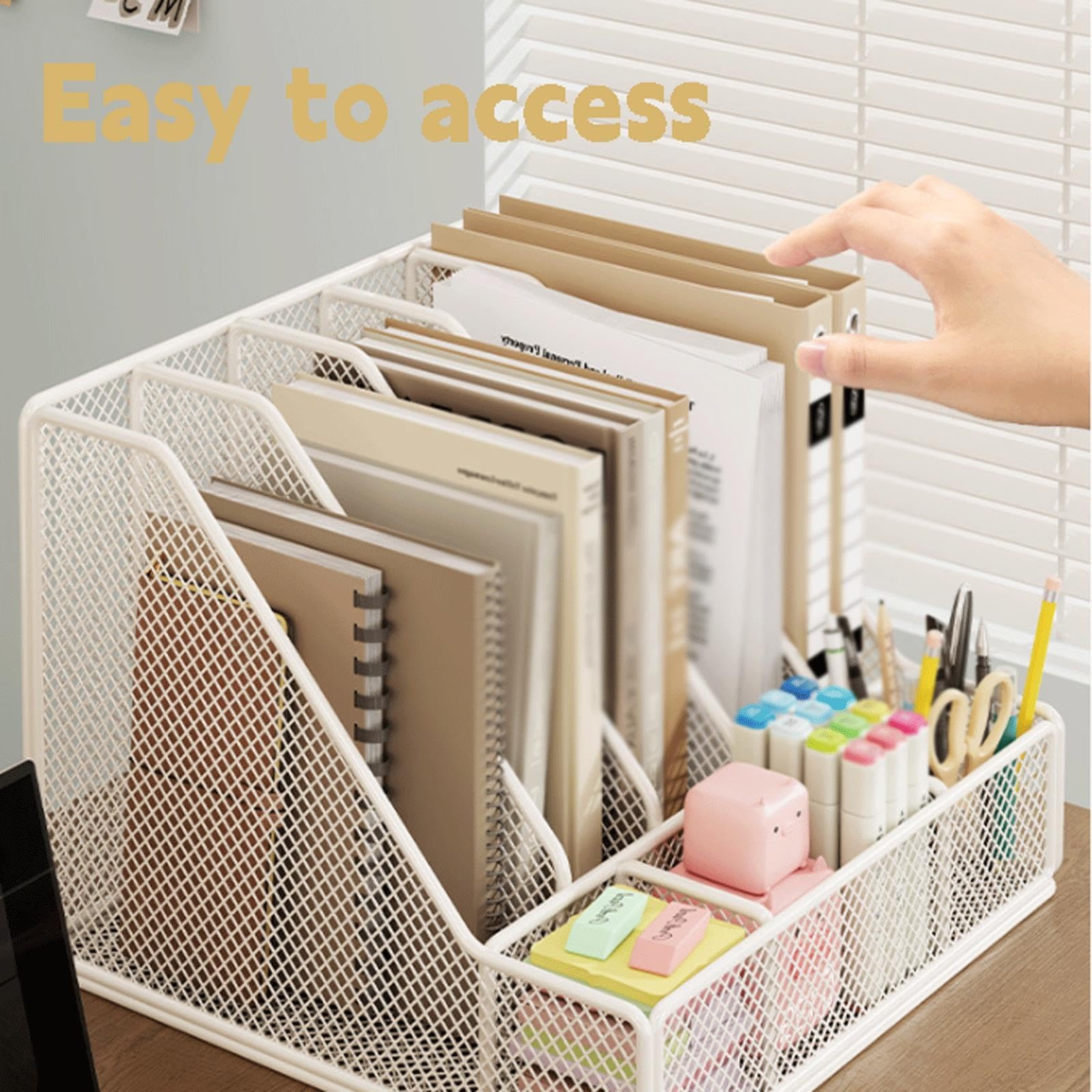 Organizer per documenti in metallo A4, 5 scomparti verticali per riviste, organizer da scrivania con portamatite per ufficio, scuola(White)