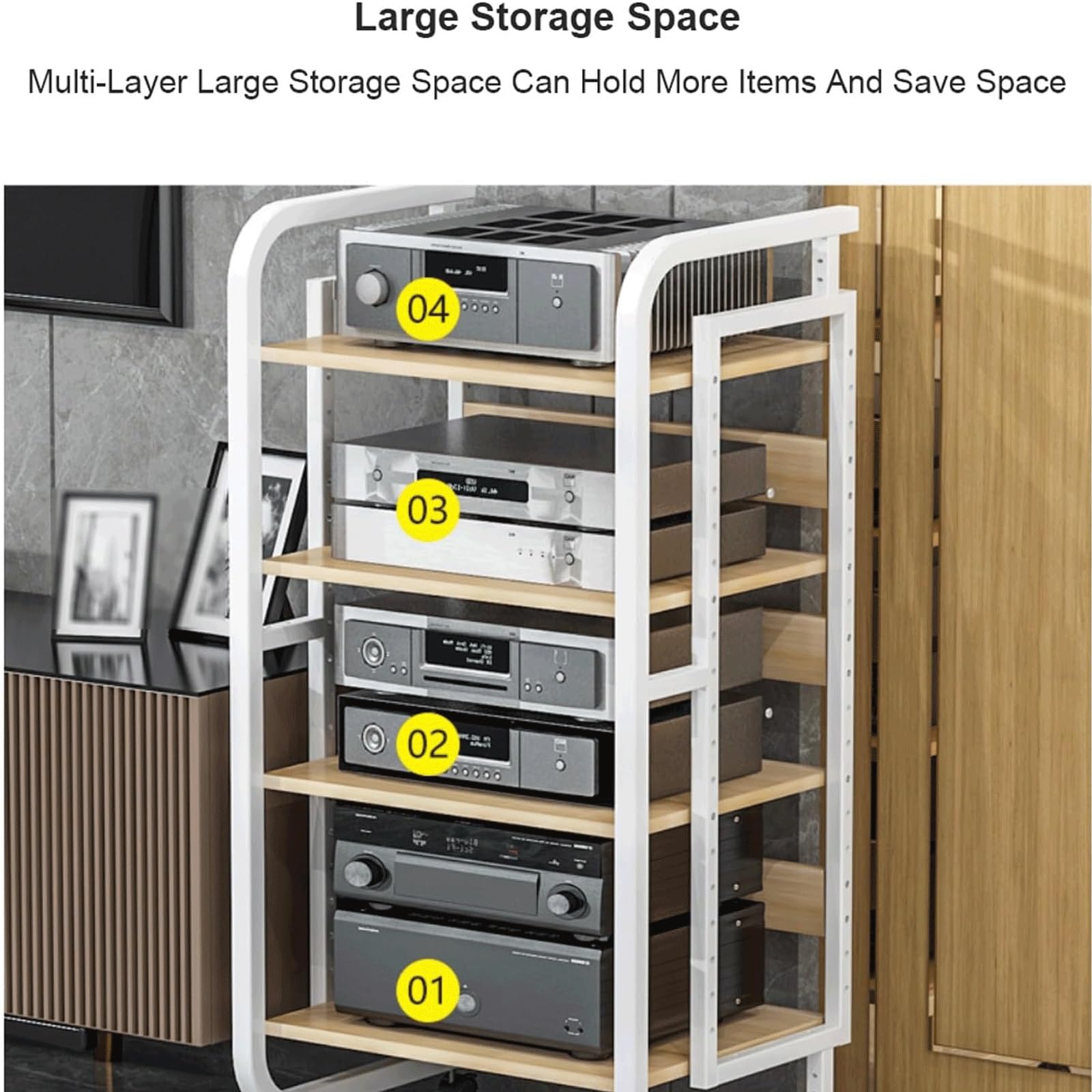 Étagère audio à 3 niveaux avec roulettes réglables en acier pour matériel audio et stockage vidéo Design moderne Woo Open