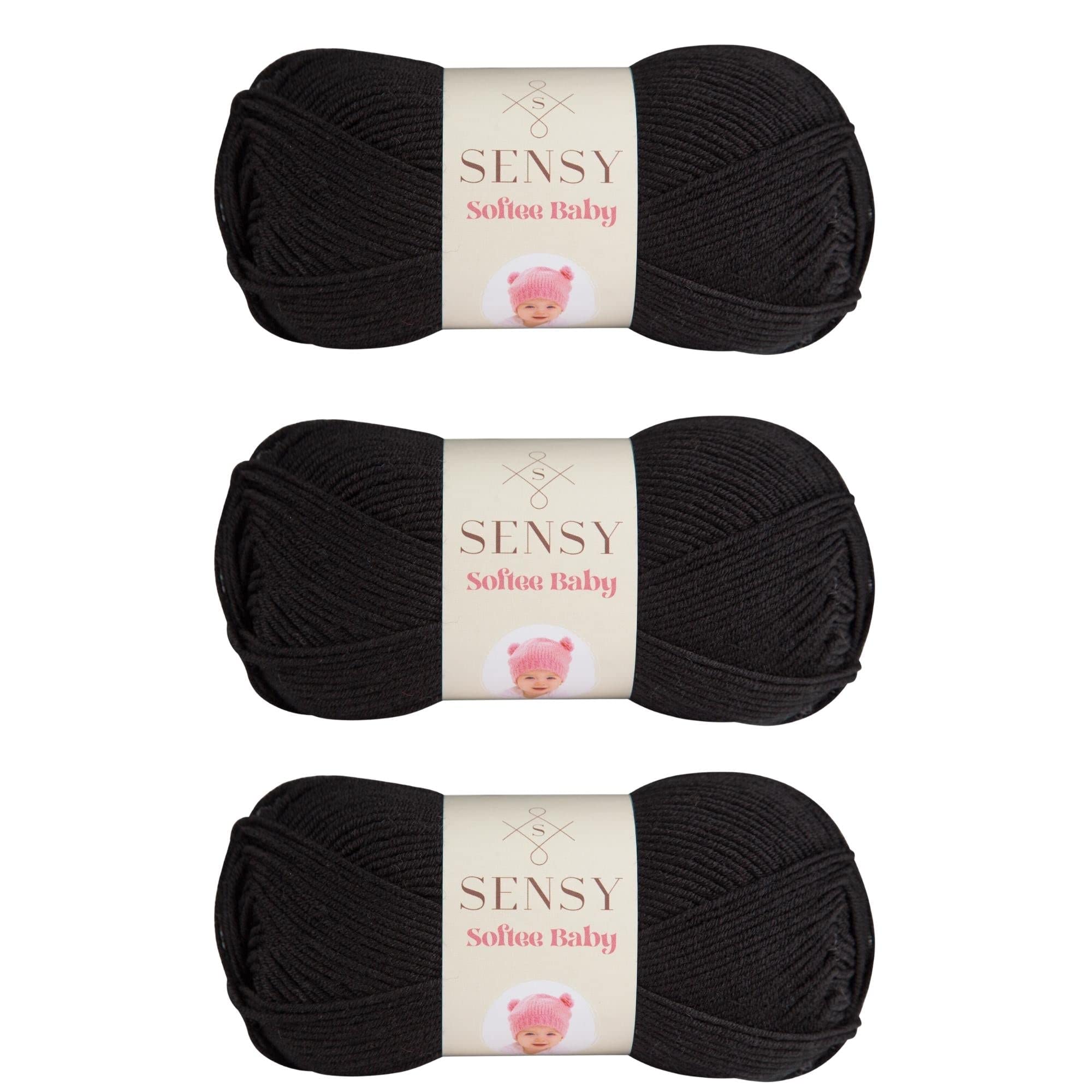 3 Skeins of Sensy Softee Baby Yarn, 3.5 oz, 275 Yards, Gauge 3 Light (Black)