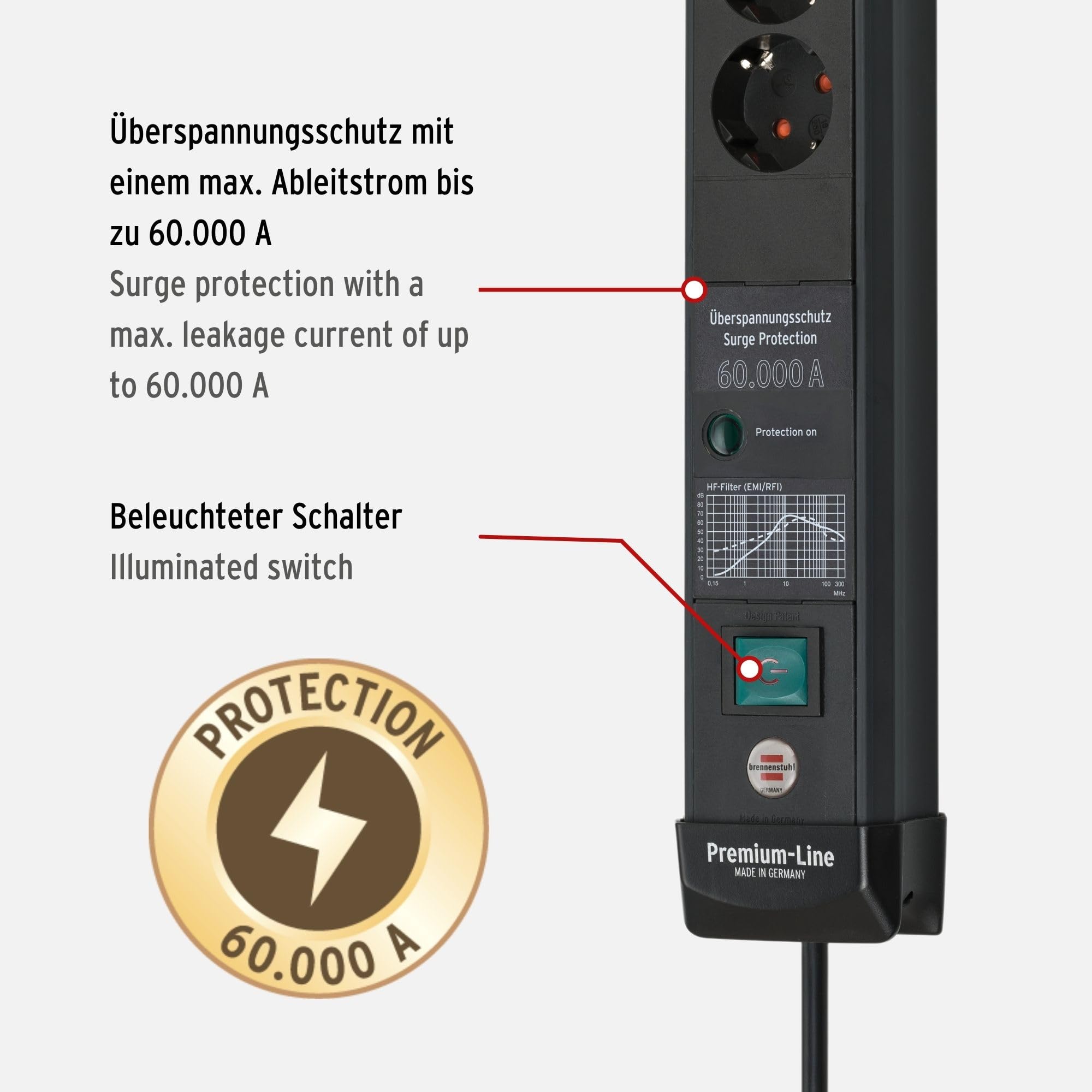 Brennenstuhl Premium-Line Multiprise 6 Prises avec Protection Contre Les surtensions jusqu'à 60 000 A (câble de 5 m et Interrupteur - Fabriqué en Allemagne - Noir