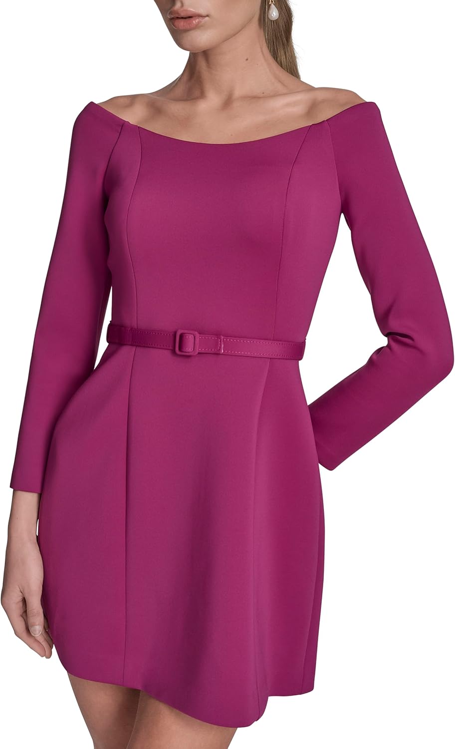 BCBG Womens Off The Shoulder Long Sleeve Belted A-line Mini Dress