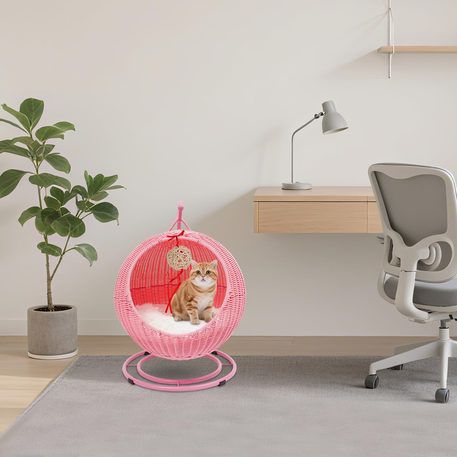 Katzen Schaukel Rattan Katzenschauckel bis 7,5 kg / 16,53 lbs, Federung Katzenbett Schaukelhafte Katzenstuhl für drinnen, Katzenkorb mit Kissen und Kratzbrett, 31cm Türdurchmesser (Pink)