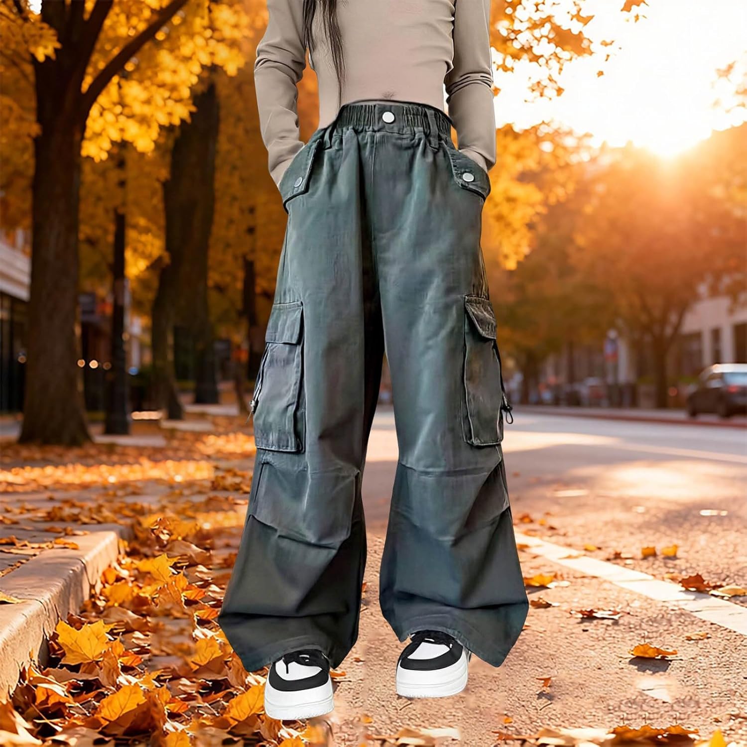 Girls Cargo Cotton Wide Leg Pants Kids Elastic High Waist Baggy Casual Trousers Teen Summer Fashion Loose Long Bottoms