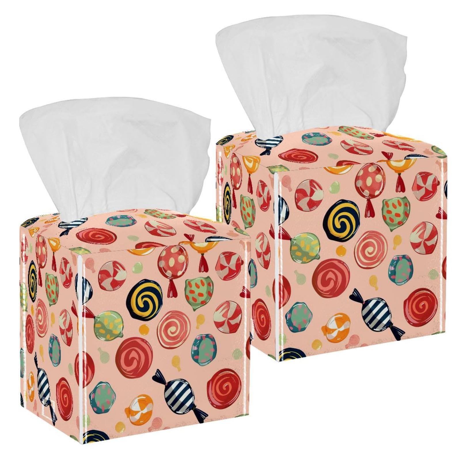 Cartoon Candy Tissue Box Cover, 2 Pack PU Leather Square Facial Tissue Dispenser Box holder for Home Office Car
