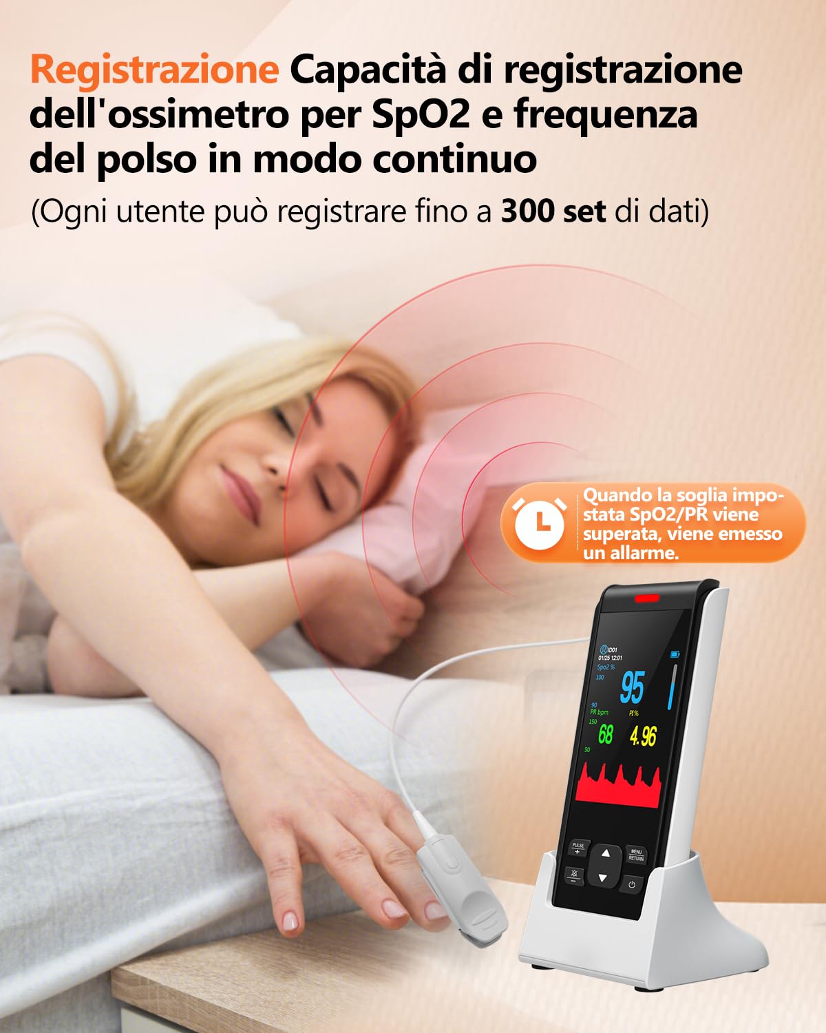 Pulsossimetro da dito ricaricabile, pulsossimetro portatile, monitor della saturazione di ossigeno nel sangue da dito con SpO2 e frequenza del polso, misuratore di ossigeno portatile