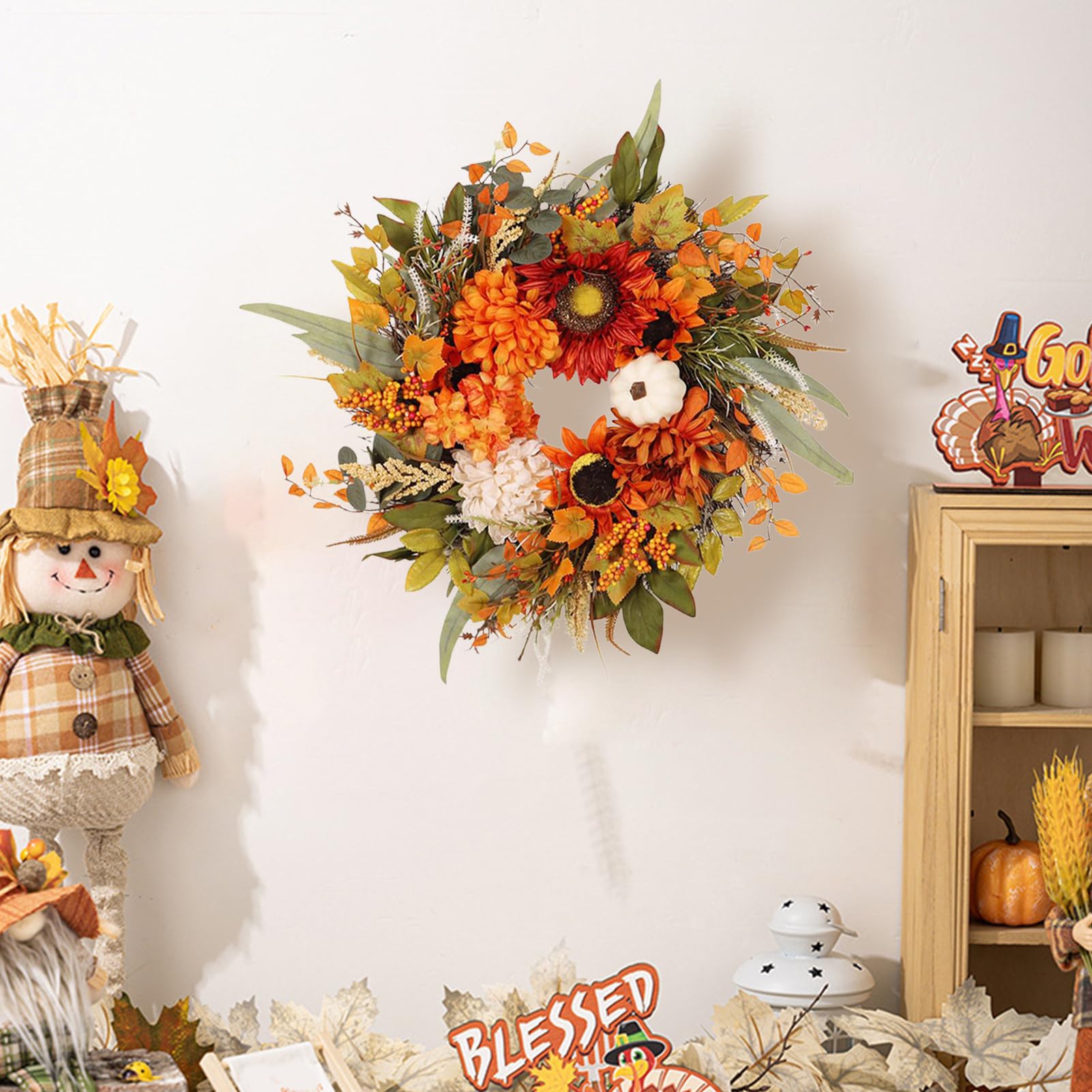 Türkranz Herbst, 50 cm Herbstkranz Haustür, Künstliche Sonnenblumen Hortensien Kürbisse Beeren Blätter Kränze, Thanksgiving Autumn Fall Herbstdeko Außen Tisch Tür Fenster