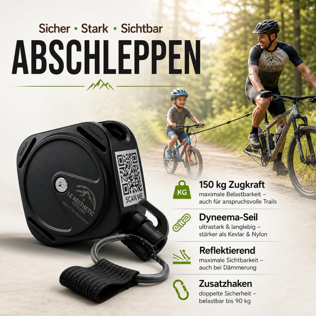 Tow PRO 3.7 - Cuerda de remolque para bicicleta con guía QR y bolsa | Cuerda Dyneema reflectante para MTB, niños y familia, 150 kg de fuerza de tracción, función de enrollado, ultraligera