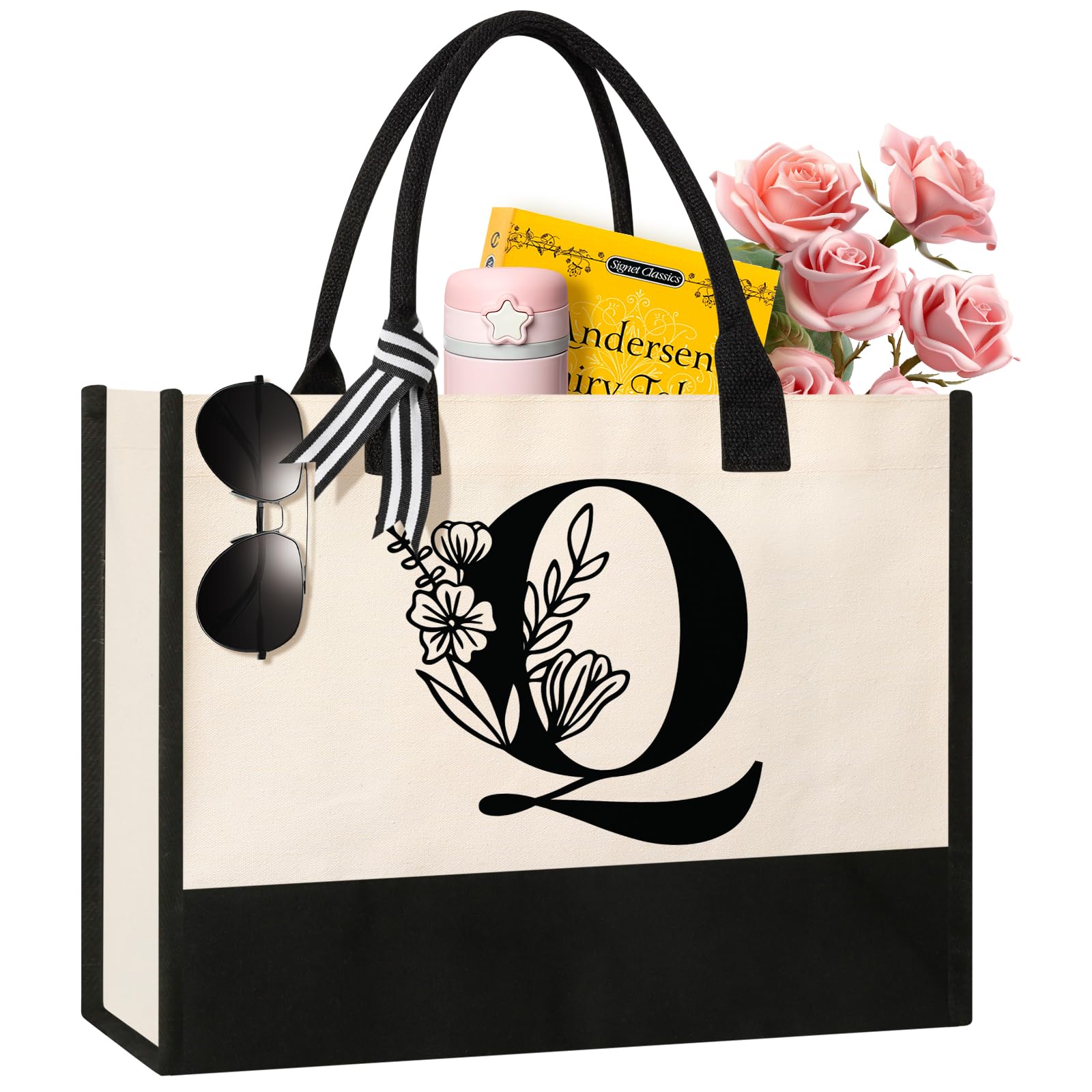 Personalized Initial Canvas Tote Bag, Suitable for Birthday, Wedding, Beach, Holiday, Gifts for Women, Mom, Teachers, Nurses, Best Friends, Bridesmaids (Q)