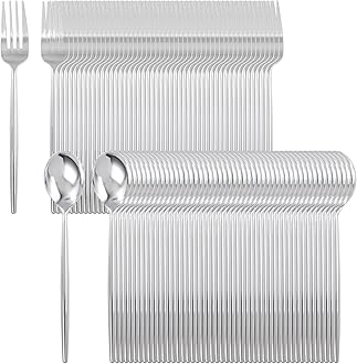 SUT 200Pcs Plastic Silverware,Plastic Spoons and Forks, Disposable Silverware,Silver Plastic Silverware, Disposable Forks and Spoons, Includes 100 forks, 100 spoons for Party, Birthday, Wedding