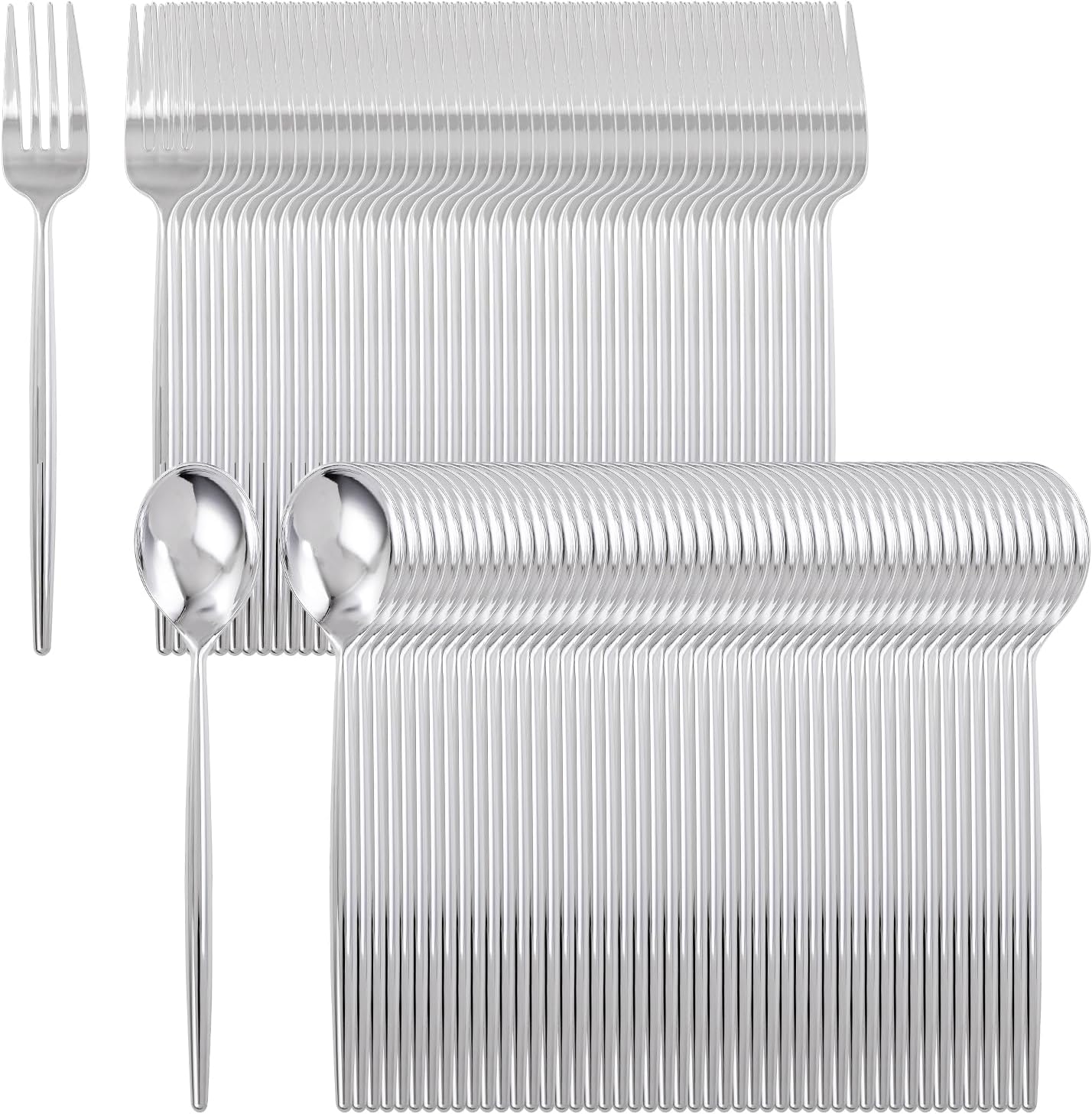 SUT 200Pcs Plastic Silverware,Plastic Spoons and Forks, Disposable Silverware,Silver Plastic Silverware, Disposable Forks and Spoons, Includes 100 forks, 100 spoons for Party, Birthday, Wedding