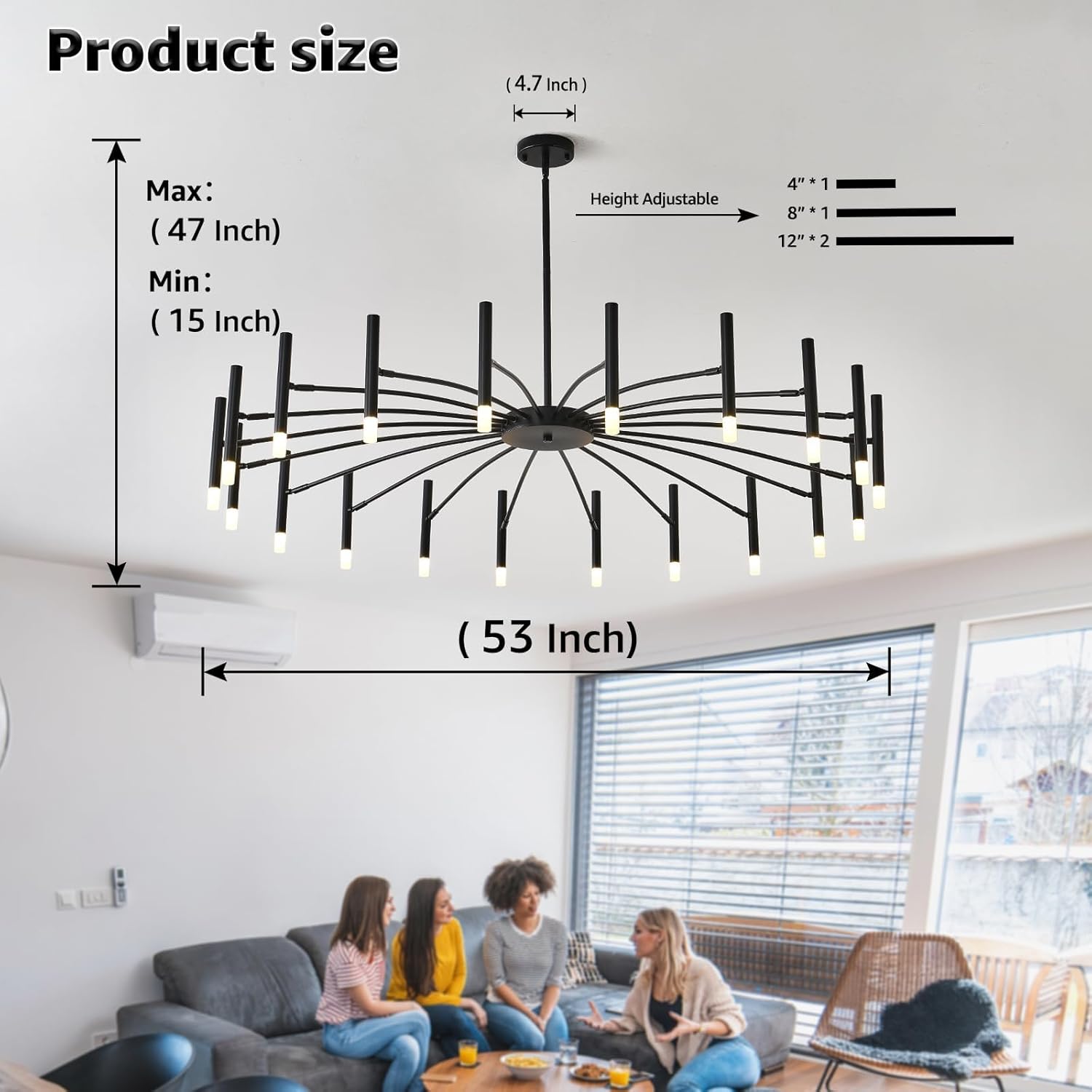 EGM 20-Light Black Modern Chandelier, 53 Inch Mid Century Sputnik Ceiling Light Fixture with G9 Bulbs, Large LED Chandeliers for Bedroom Dining Room, Round Pendant Light for Kitchen Island Foyer