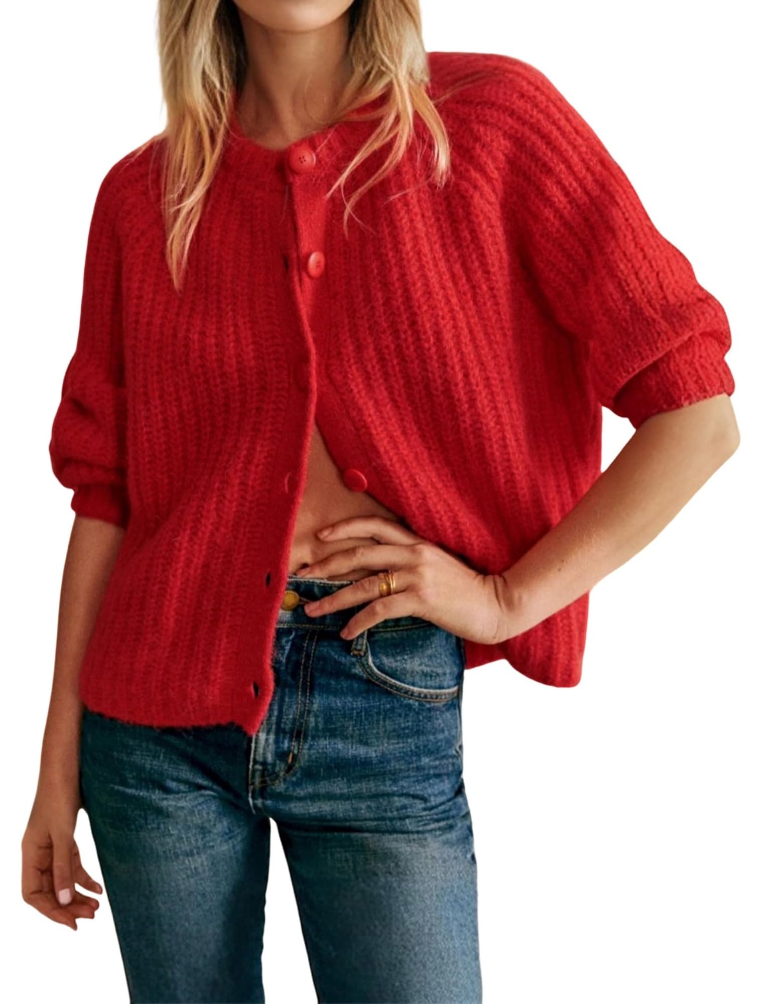 Women's Casual Long Sleeve Crewneck Button Down Cardigan Sweater Knit Outwear(Red,L)