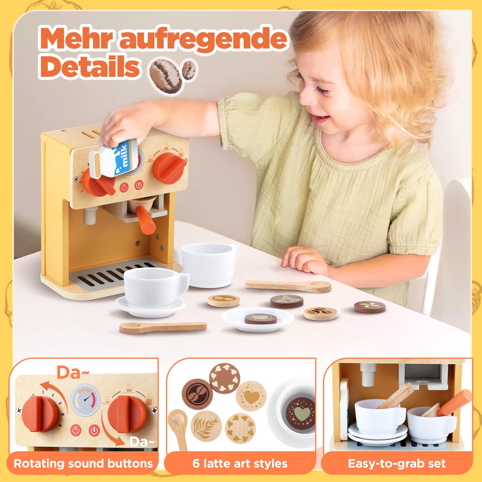 GAGAKU Cafetera de madera, juguetes para niños, juegos de fantasía, cafetera espresso, juego de accesorios para cocina de juegos, juguetes de cuero de madera para coordinación mano-ojo y habilidades