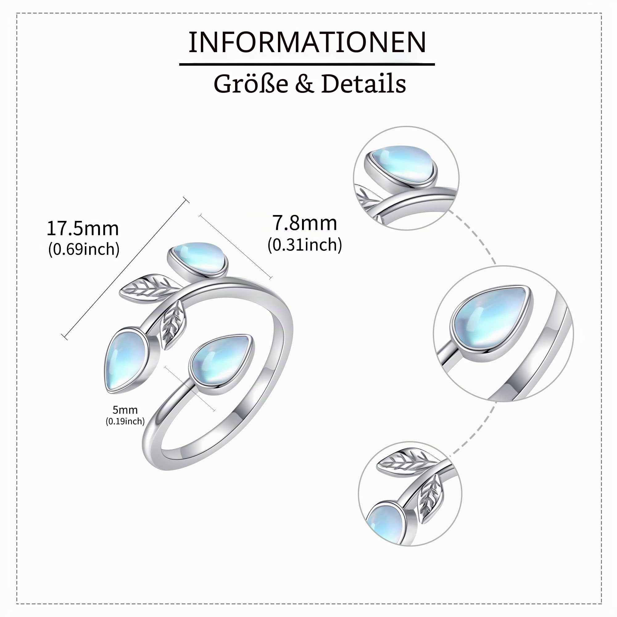Mondstein Blatt Ring Sterling Silber Einstellbare Band Mondstein Ringe Boho-Schmuck für Frauen