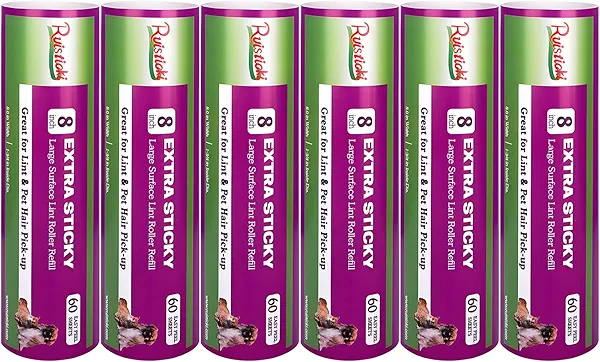 8 inch Large Surface Roller Refill Compatible with Scotch-Brite Pet Hair Pickup Extra Sticky Large Lint Roller Replacement 60 Easy-Tear Adhesive Sheets per Refill Pack of 6 Rolls 360 Sheets Total