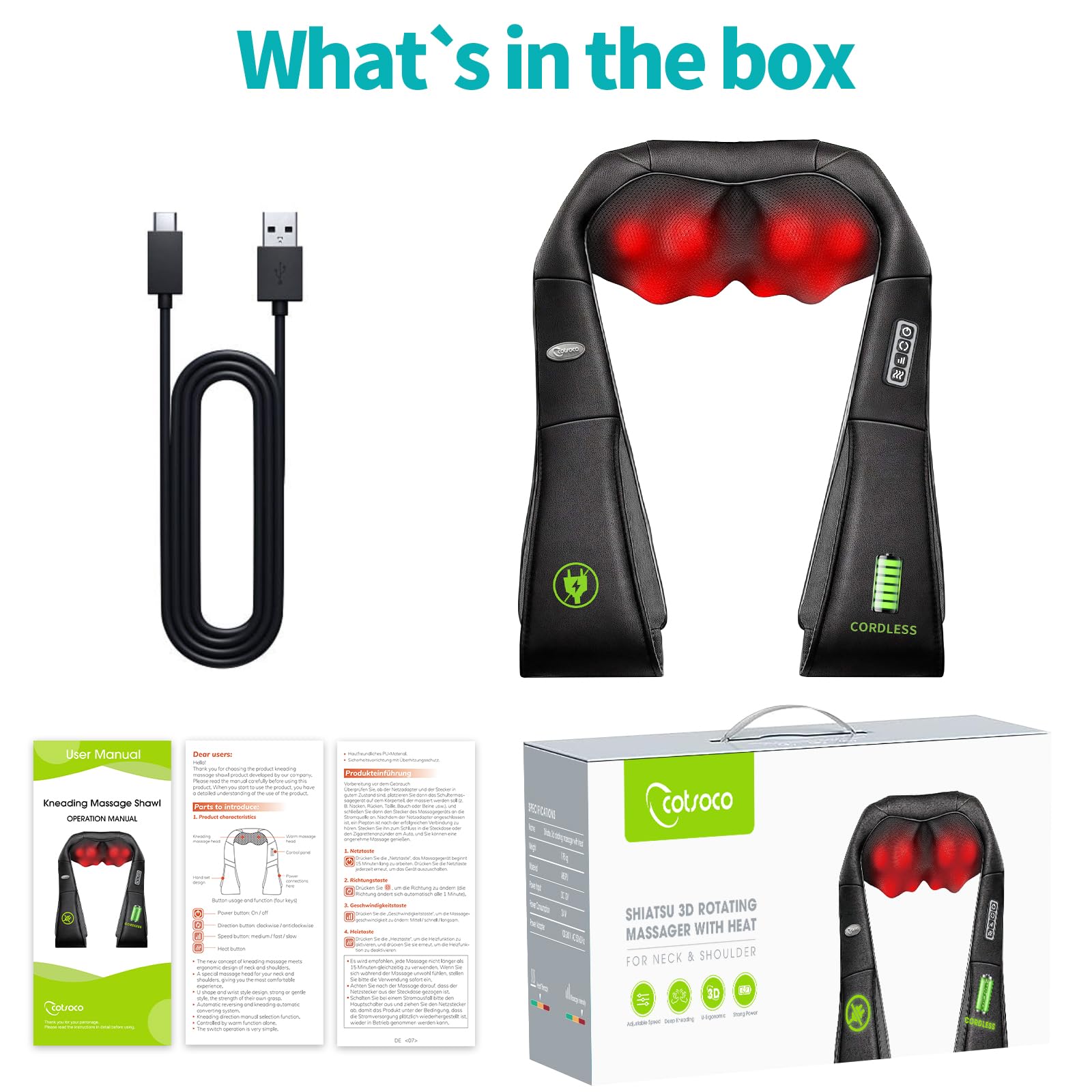 Cotsoco Massaggiatore Cervicale, Massaggiatore Cervicale Collo Spalle e Schiena Senza fili Migliorato con Calore, 3 Velocità Regolabili e Direzione Regolabile, Ottimo Regalo per Donne/Uomini/Genitori