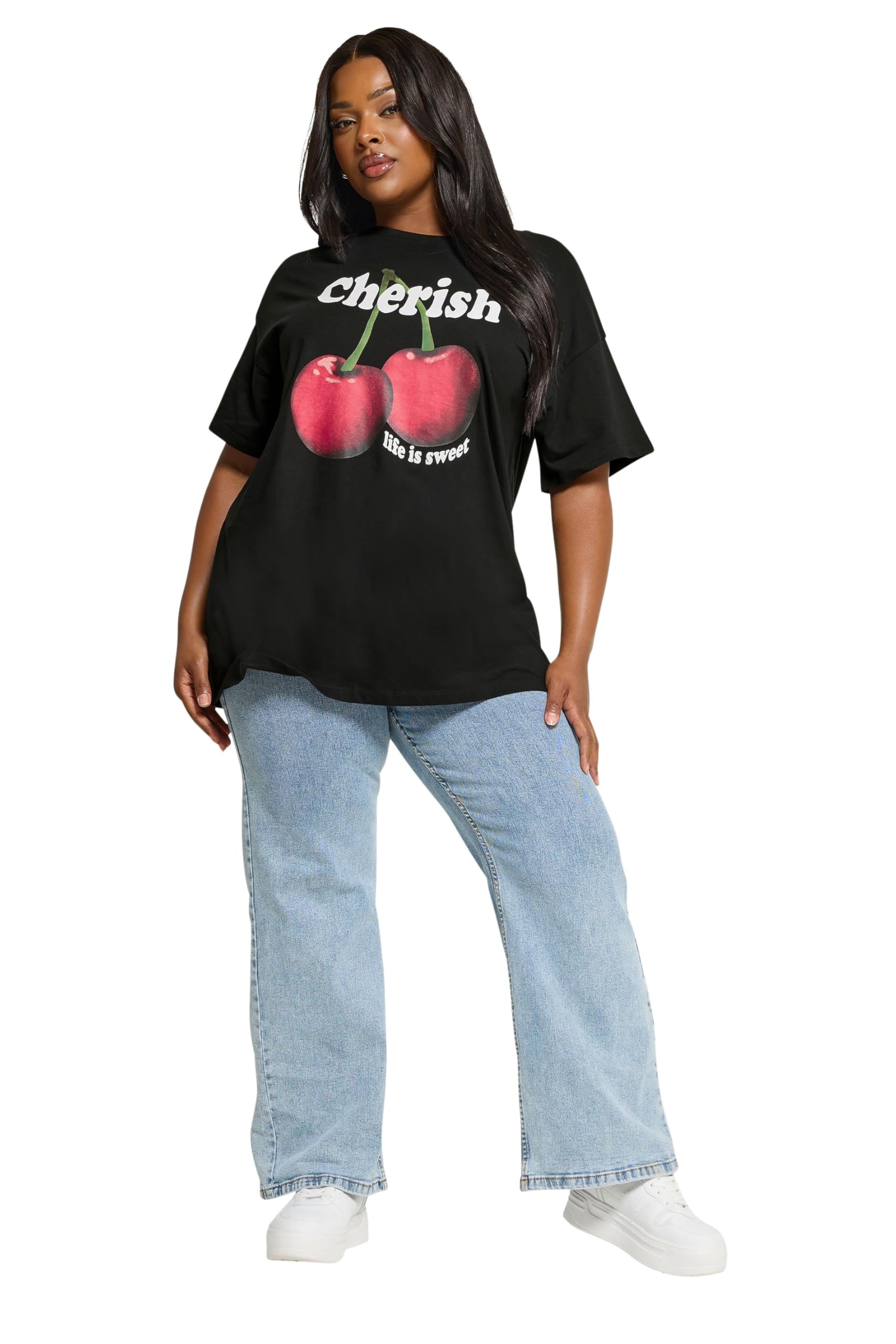 Black Yours Curve 'Cherish' Cherry Slogan Tshirt, Women's Curve & Plus Size, Yours