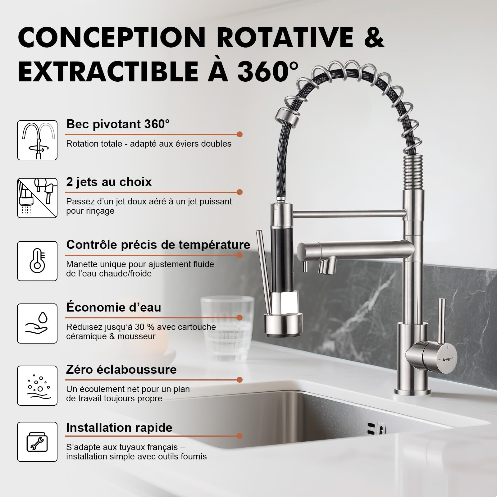 Ibergrif Mitigeur Robinet Cuisine avec Douchette 2 Jets 360° Pivotant, Double Bec Professionnel, Acier Inox
