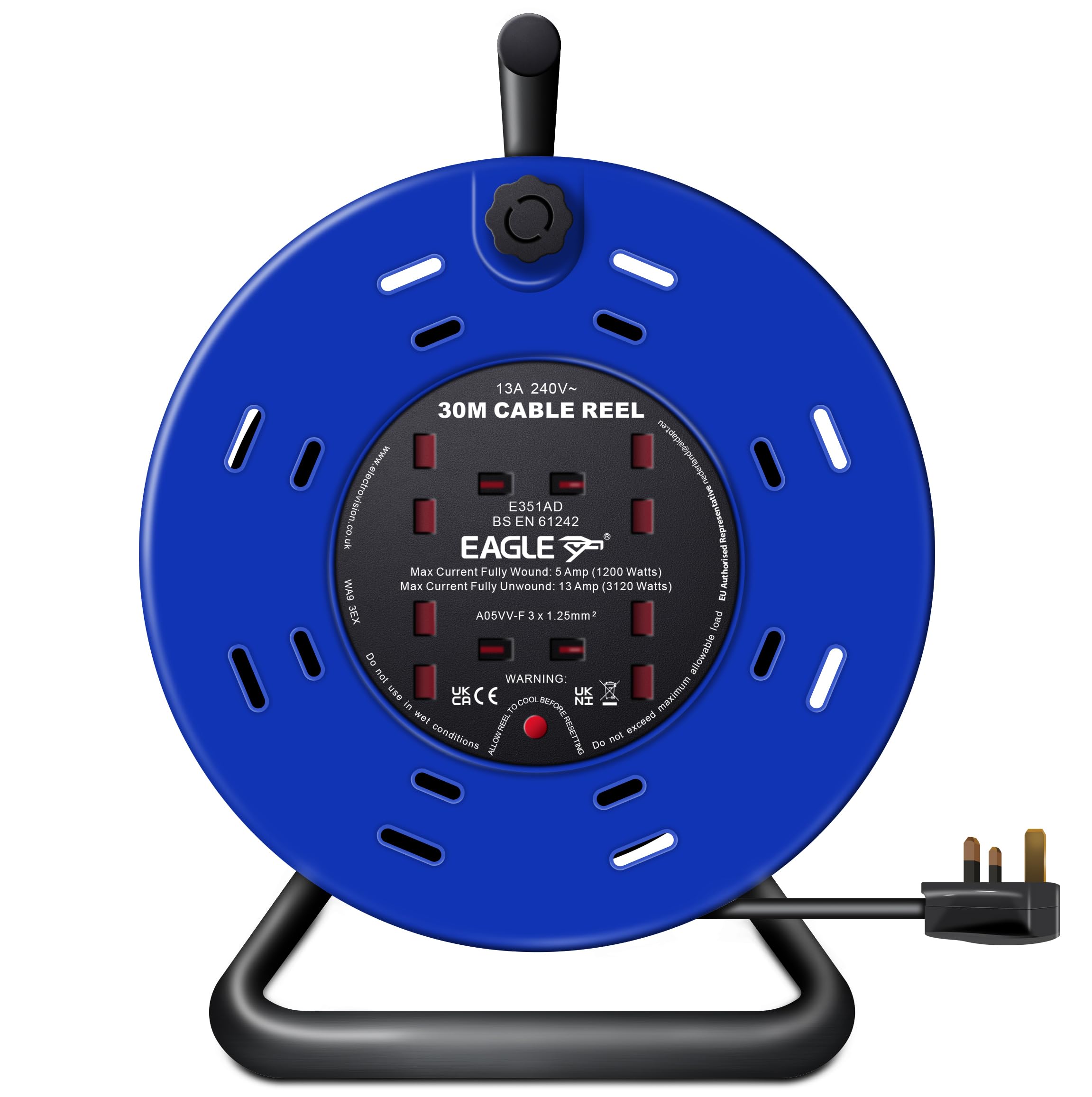 4 Way 30M Mains Extension Reel Heavy Duty Lead Cable 4 Gang Socket 13A UK 240v
