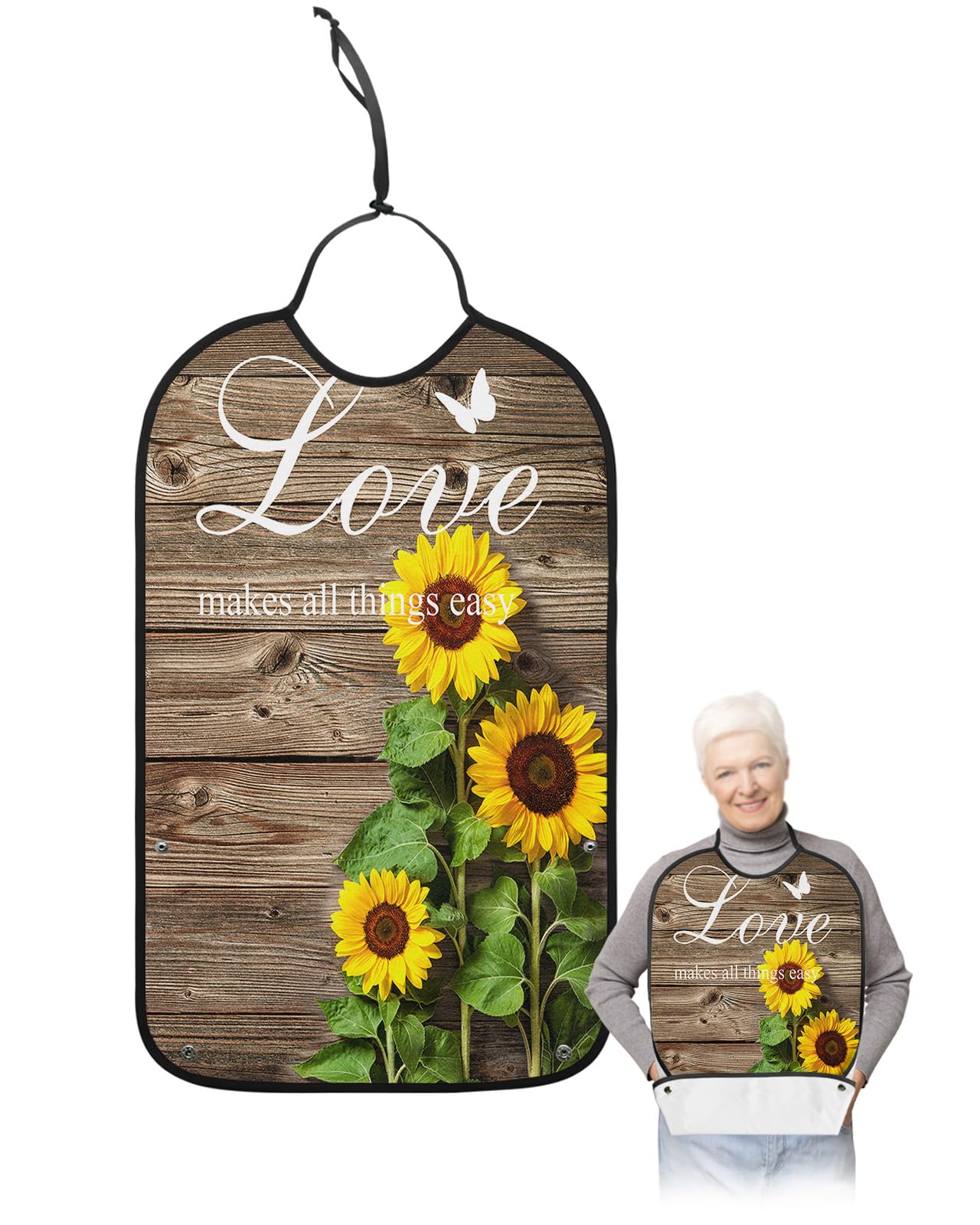 LEOKOTI Rustic Floral Adult Bibs for Eating, Waterproof Bibs with Food Catcher & Adjustable Snap Closure, Sunflowers Butterfly Retro Wood Washable Clothing Protectors Adult Bibs for Elderly Women/Men