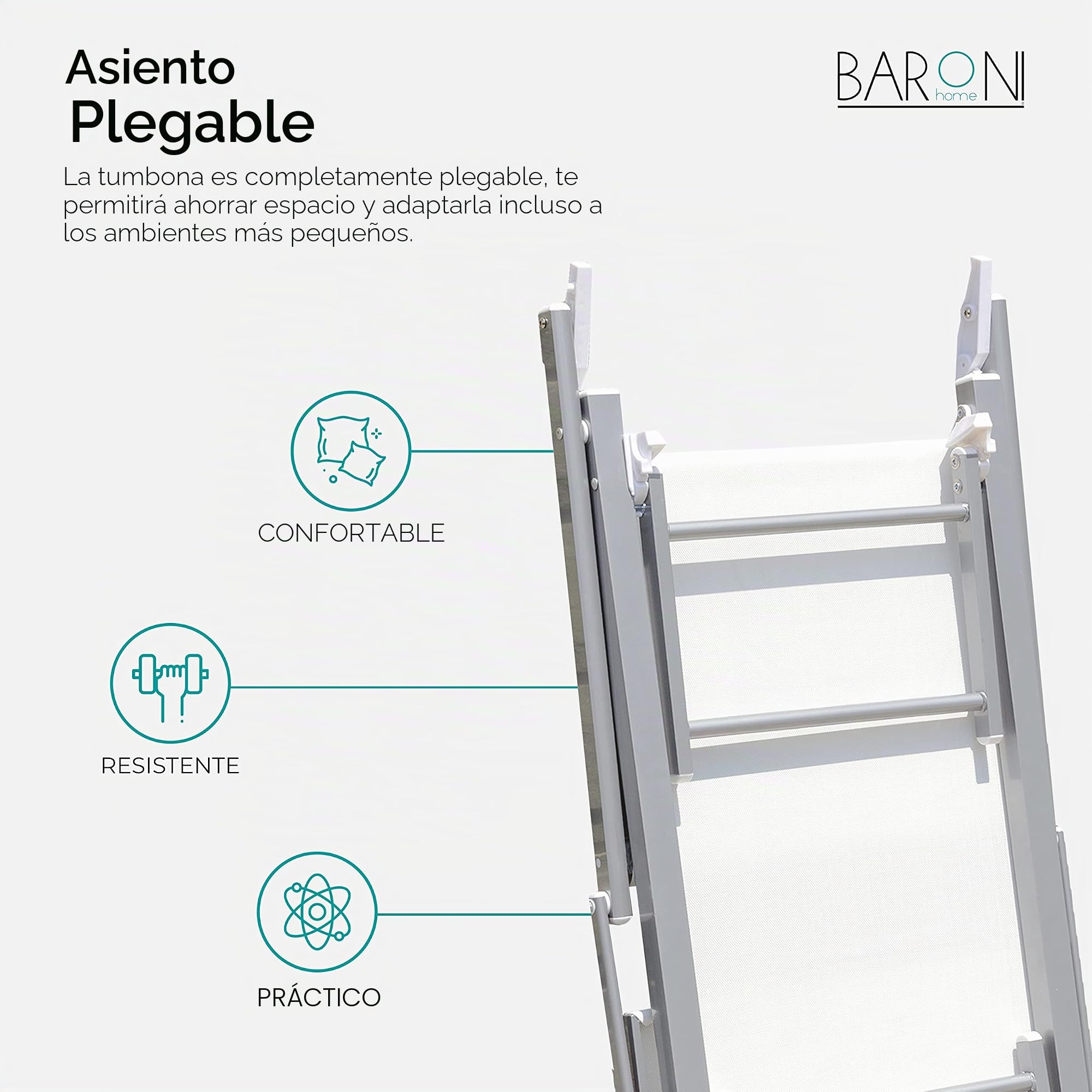 Baroni Home Tumbona con estructura de aluminio y techo parasol, cómoda y resistente, tumbona de jardín, playa, piscina revestida de textileno, 60 x 190 x 35 cm (blanco, 1)