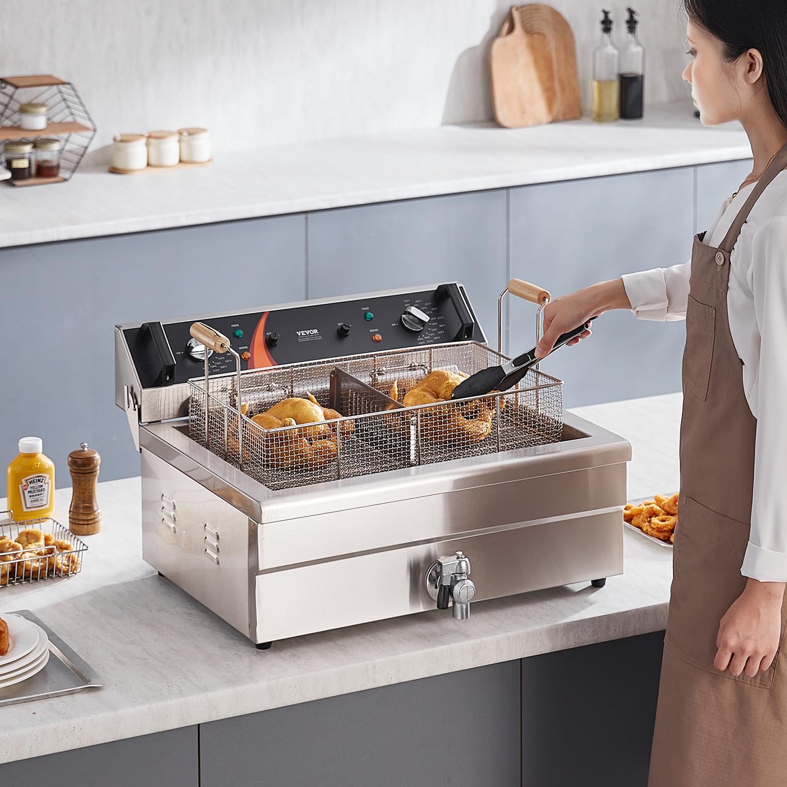 VEVOR Friteuse commerciale 2250 W, friteuses à bain d'huile électrique avec panier, en acier inoxydable, grande capacité 20 L pour cuisine, restaurant, café, température réglable 80-200 °C, argenté