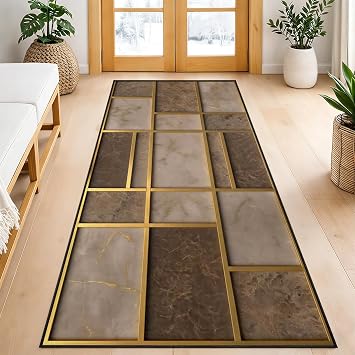 Abstract Brown Runner Rugs for Hallway, 60x150cm Mid Century Runner Rug for Kitchen, Gold Brown Geometry Carpet Runner Washable Non-Slip Mats for High Traffic Areas Decor