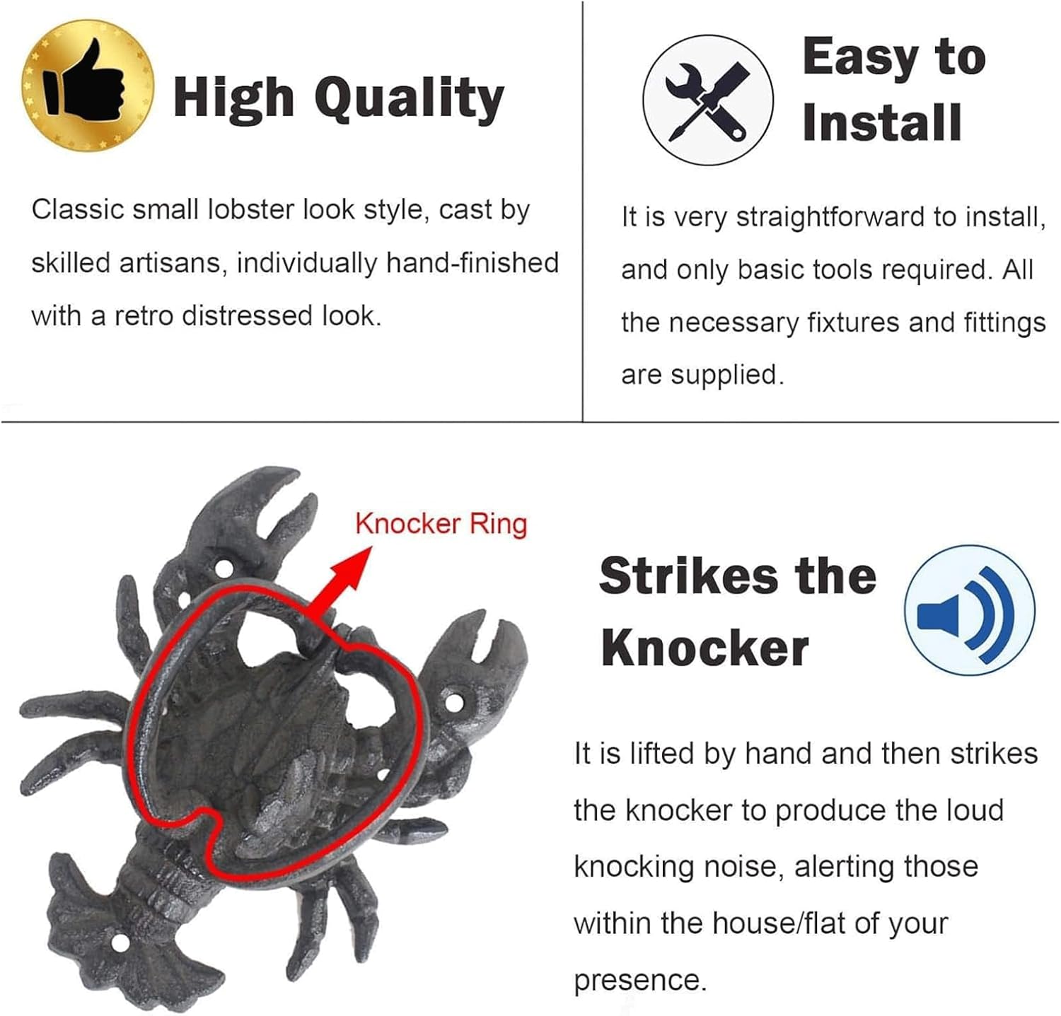 Door Knocker Cast Iron Lobster Door Knocker Black Wall Mounted Door Knock with Screws Door Handle for Garden Garden Door Ring Knocker Unique