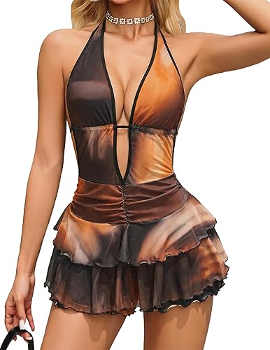 Avidlove Women Halter Dress Deep V Neck Ruffle Mini Dresses Sexy Summer Dress with Shorts Club Party Cocktail Y2K Dresses