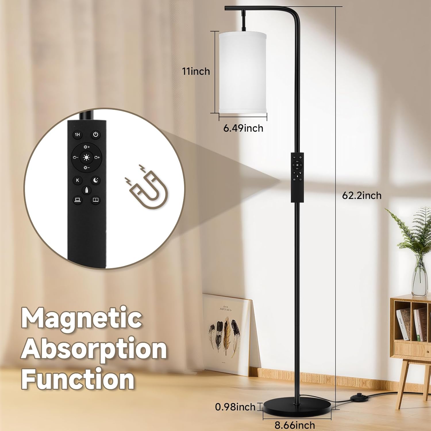 Floor Lamp for Living Room, 9W LED Bulb, Remote Custom Color Temperature & Brightness, Tall Standing Lamps for Bedroom Office Kid Room, Black