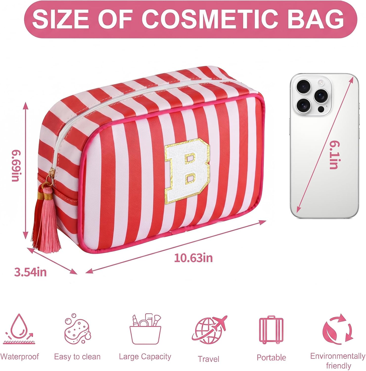 Personalized Initial Striped Makeup Bag, Preppy Large Travel Toiletry Bag image 2
