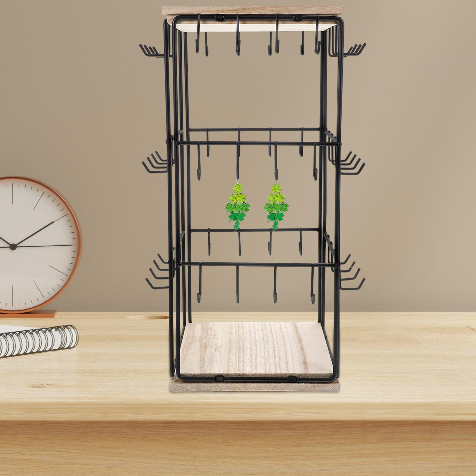 Espositore a Torre Rotante 360°, Design Salvaspazio in Legno con Ganci, Organizer Multifunzionale per Orecchini per Esposizione e Uso Domestico