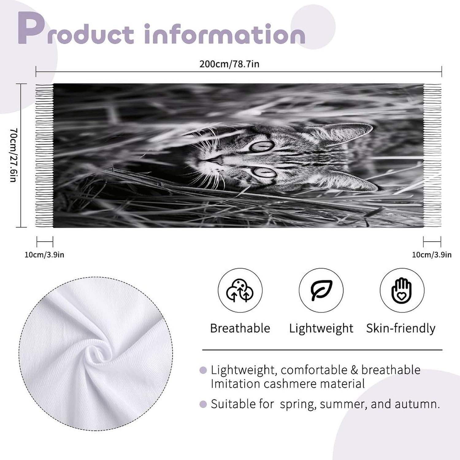 A Cat on The Grass Scarf for Women Men Classic Fashion Blanket Scarves Soft Cashmere Feel Scarf Cold Weather Warm Long Shawl Winter Large Scarves Classic Blanket Scarfs Thick