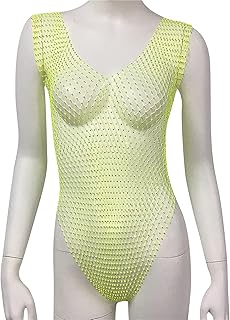 Vestido ajustado de malla transparente sin brasier para mujer, traje de baño sin mangas, vestido de diamantes de imitación, color verde, verde, M